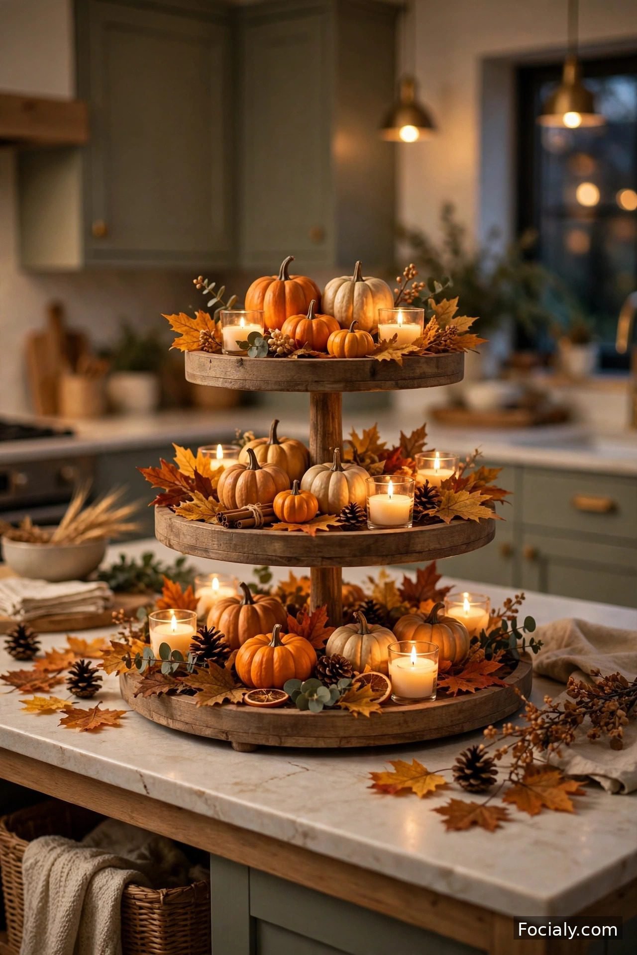 Tiered tray styled with pumpkins candles and fall leaves