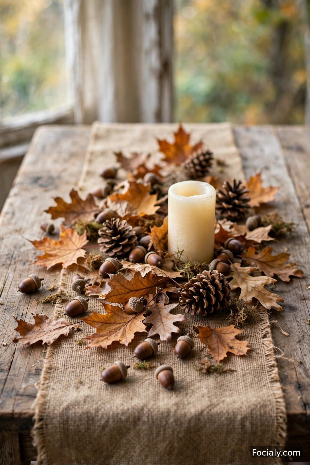 Natural scatter of acorns pinecones and a pillar candle