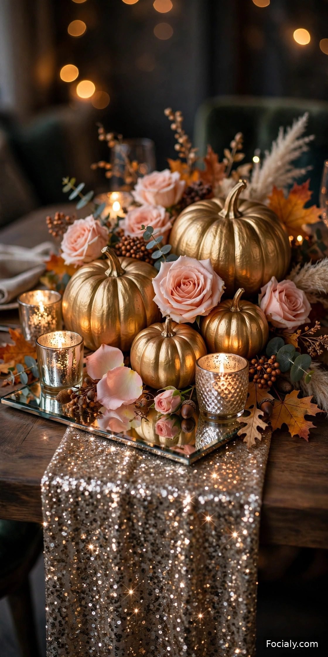 Champagne gold pumpkins and mercury glass glam centerpiece