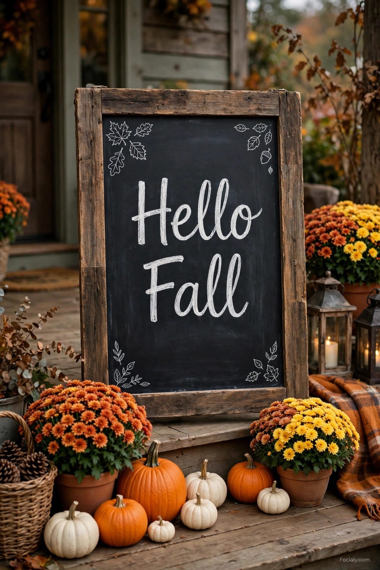 Hello Fall hand-lettered chalkboard on a front porch with pumpkins and mums