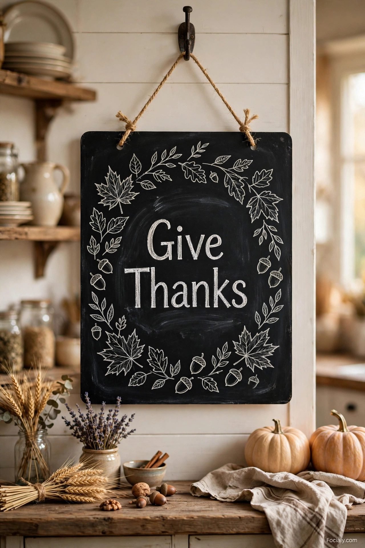 Give Thanks chalkboard with autumn leaf doodles in a farmhouse kitchen