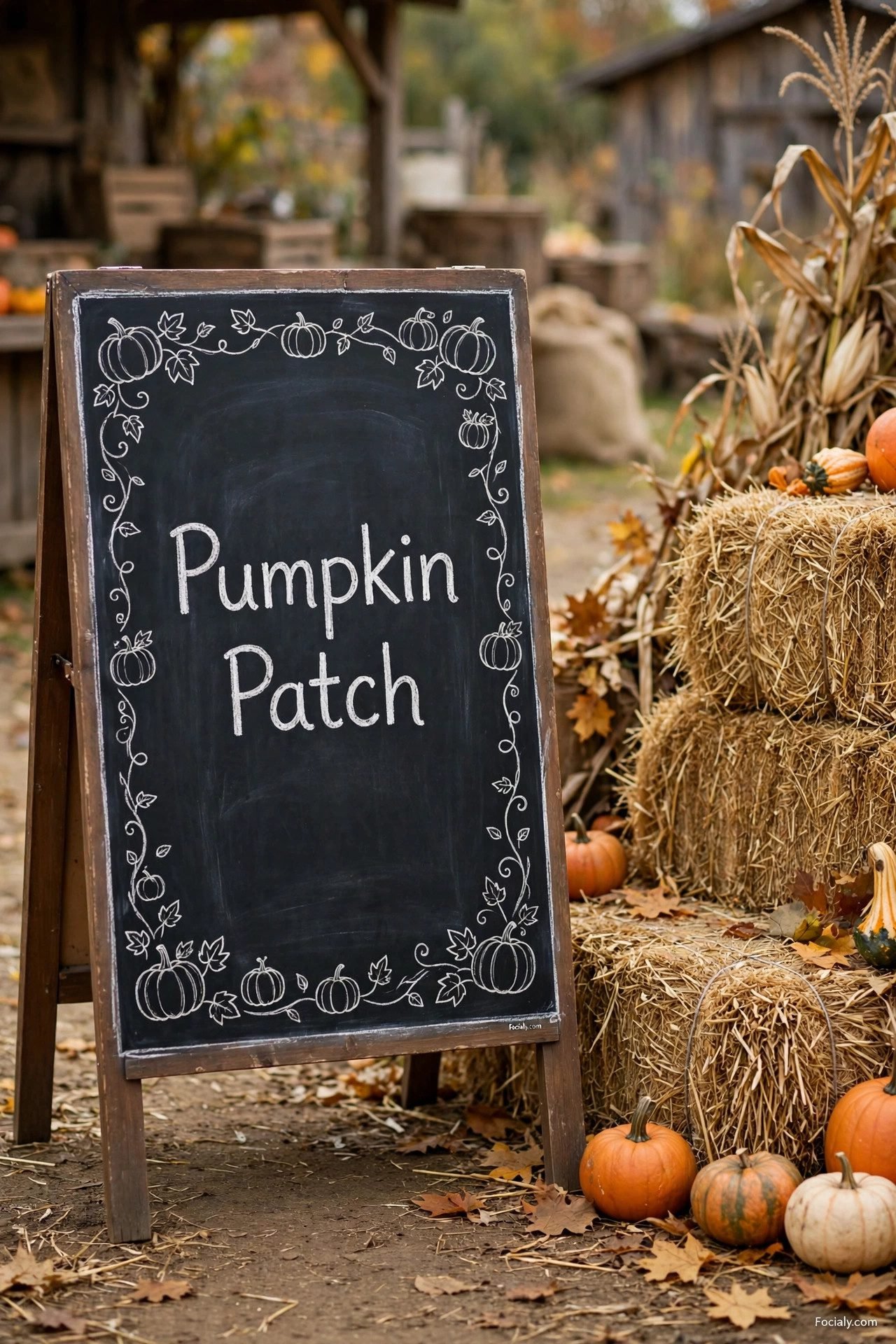 Pumpkin Patch chalkboard sign with pumpkin doodle border at a farm stand