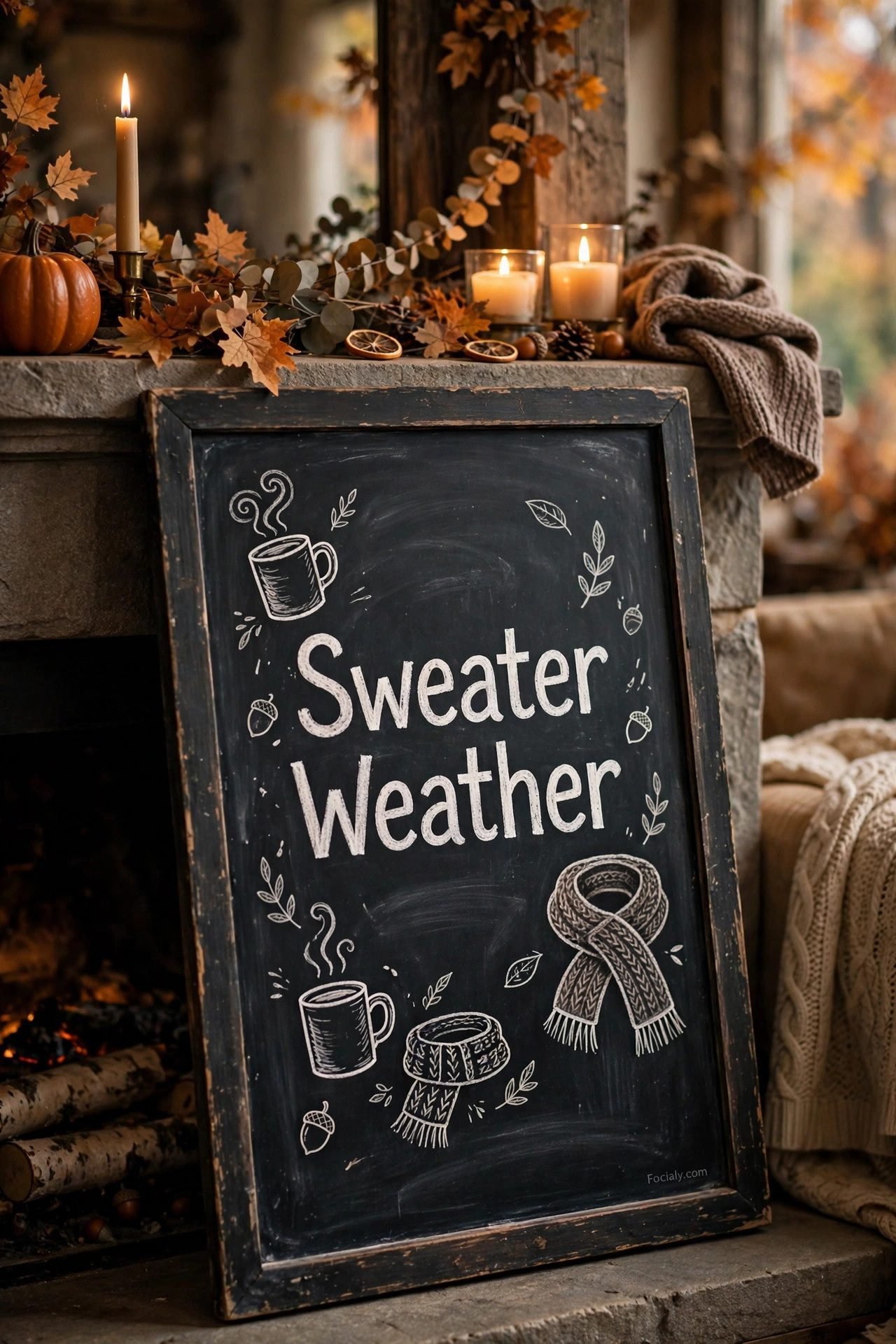 Sweater Weather chalkboard on a fireplace mantel with candles