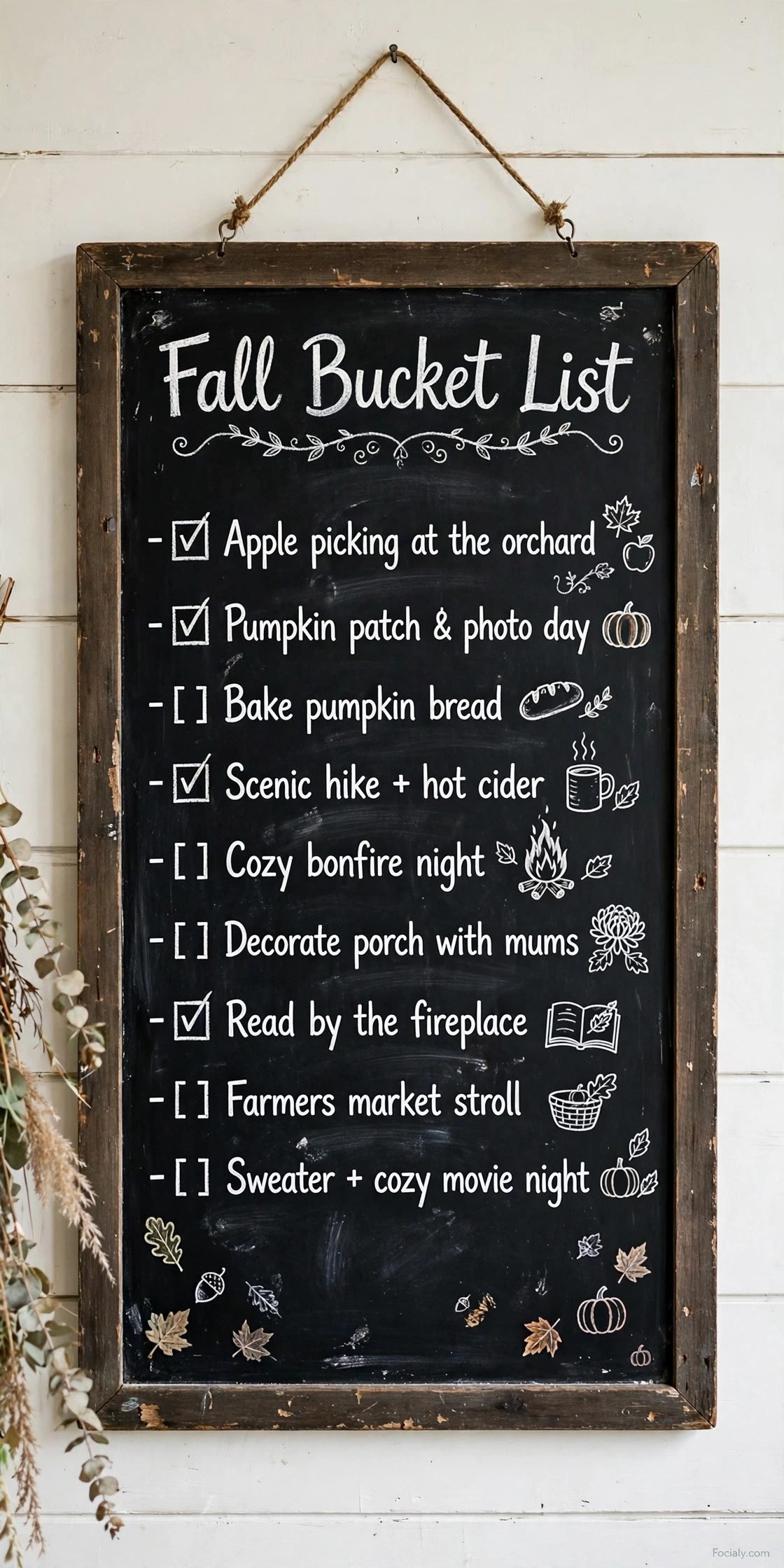 Fall Bucket List chalkboard with handwritten autumn activities