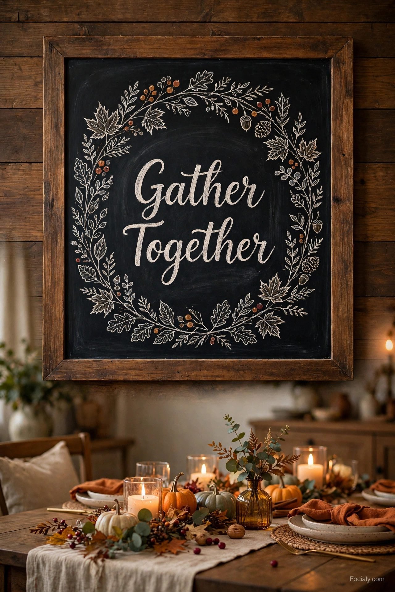 Gather Together chalkboard with autumn wreath border in a dining room