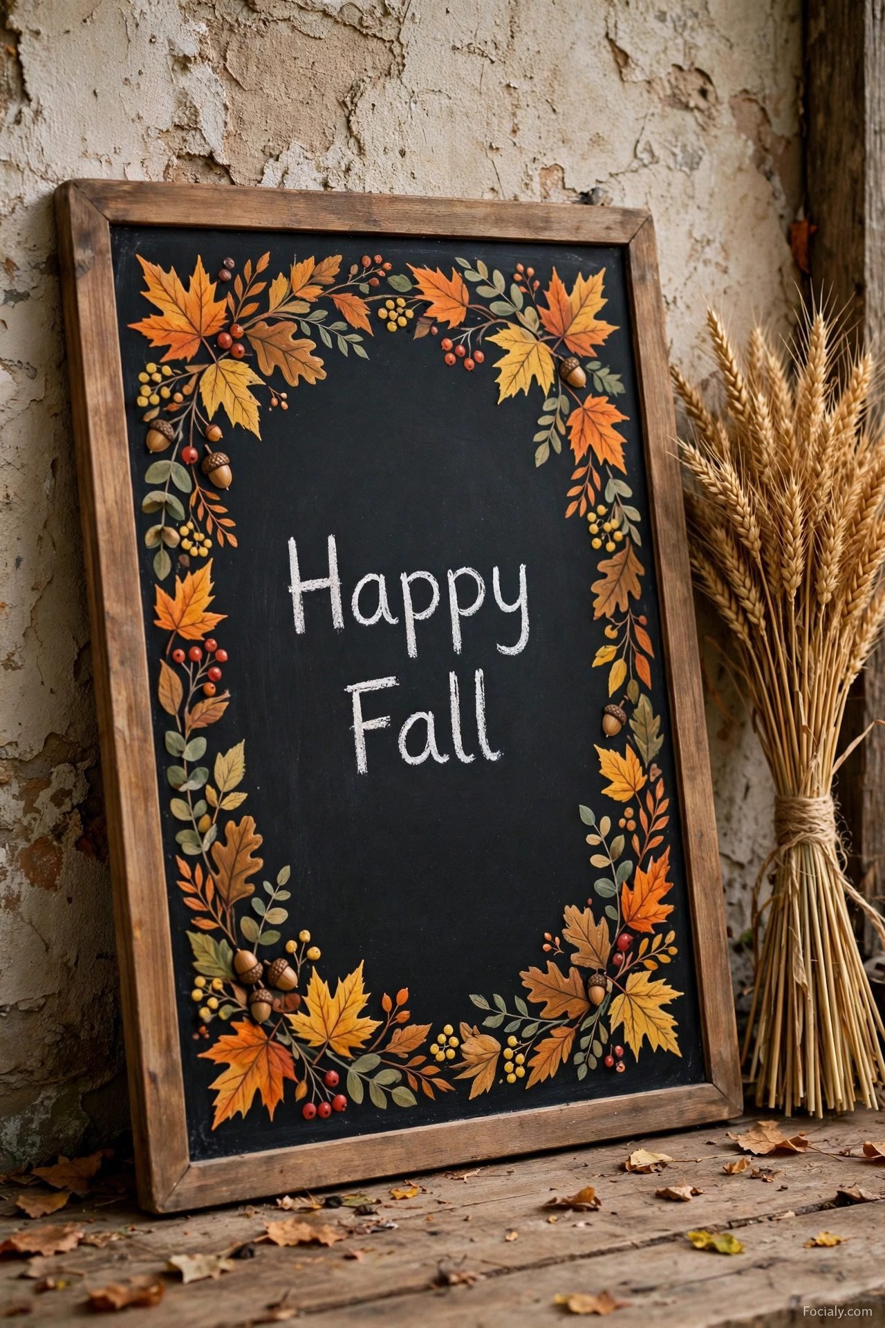 Happy Fall chalkboard with painted autumn wreath border