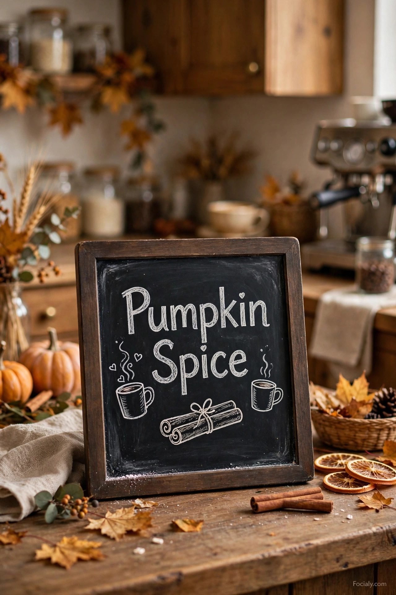 Pumpkin Spice chalkboard menu on a coffee bar with cinnamon sticks
