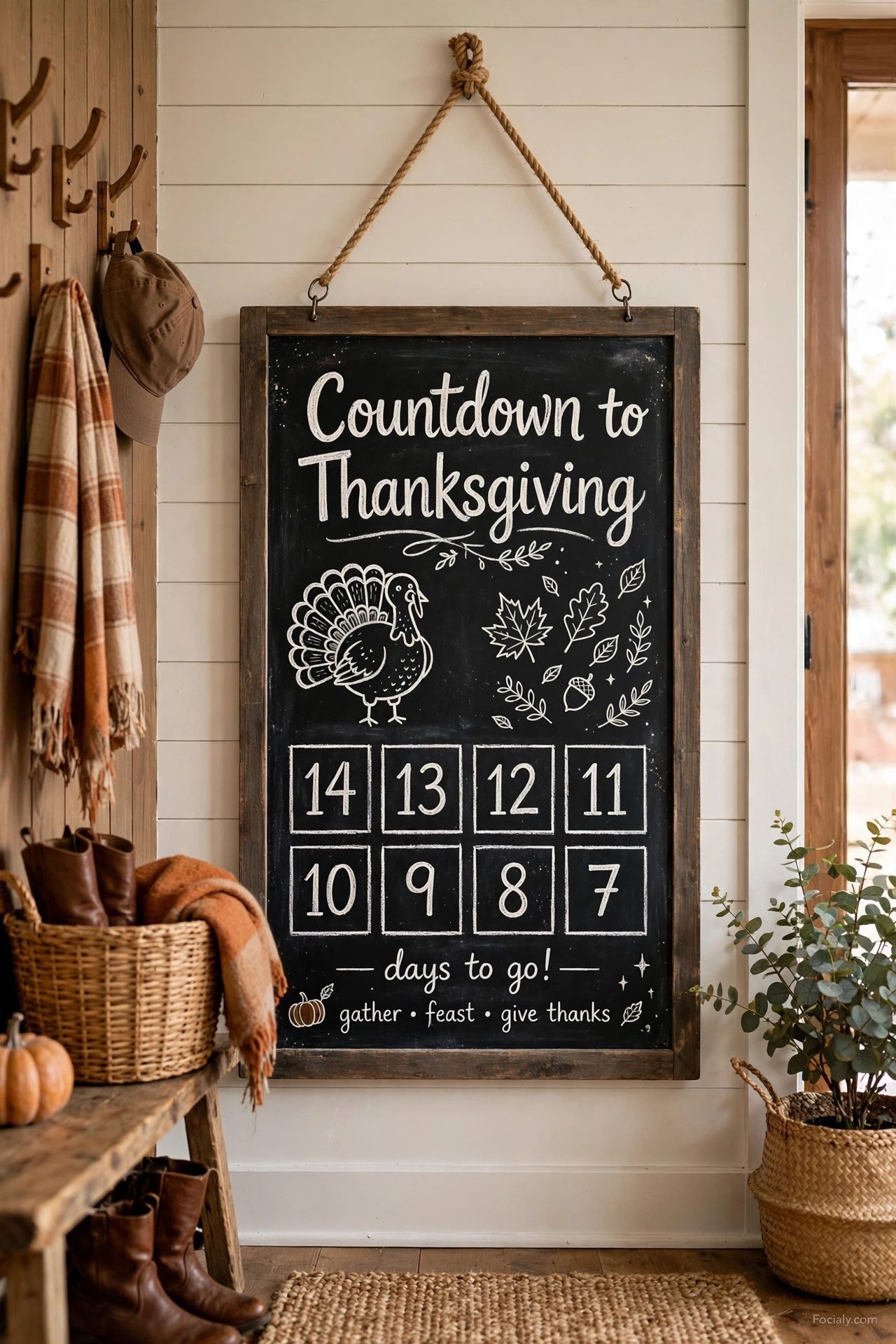 Countdown to Thanksgiving chalkboard with turkey doodles