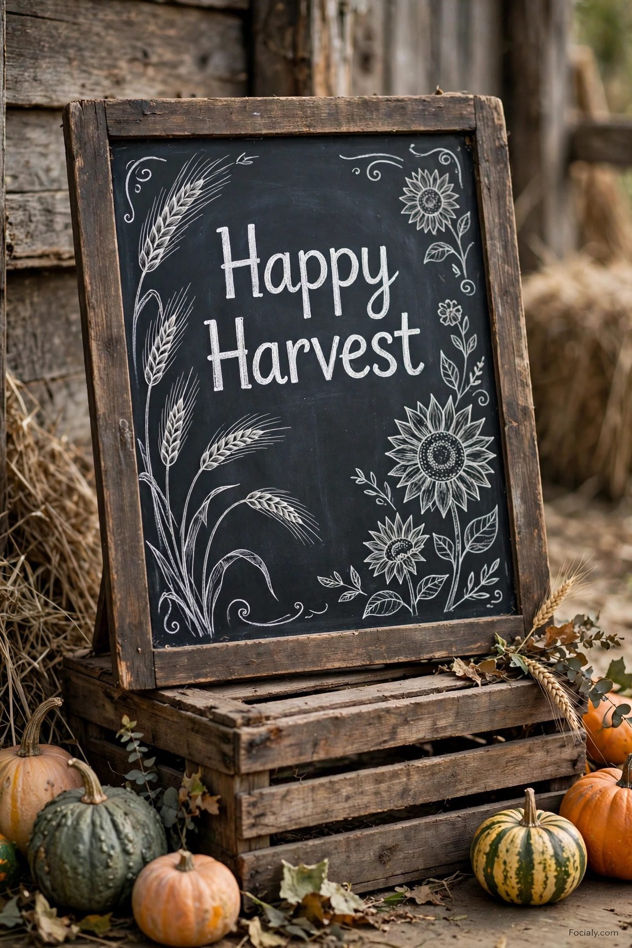 Happy Harvest chalkboard with wheat and sunflower doodles