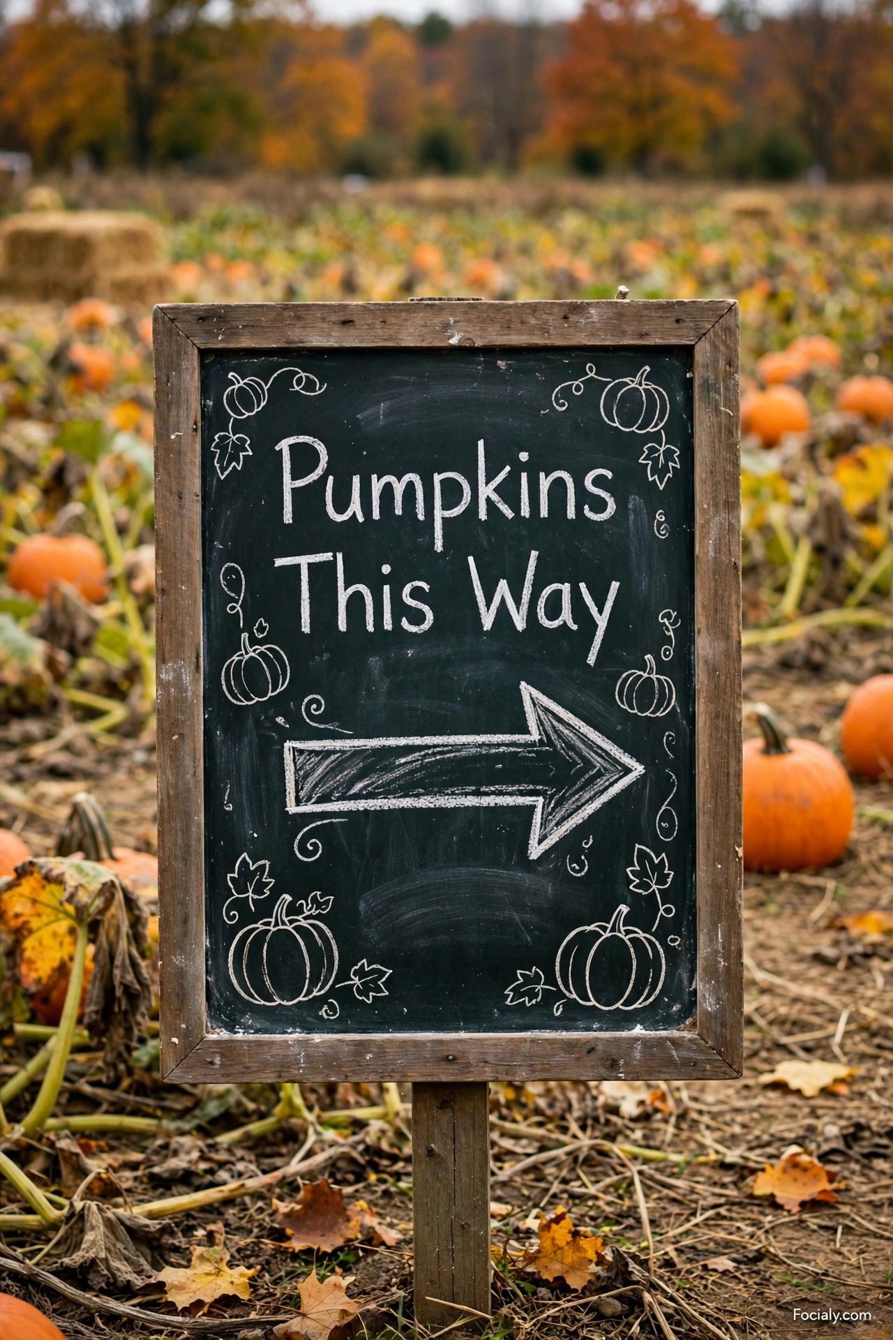 Pumpkins This Way arrow chalkboard sign at a pumpkin patch
