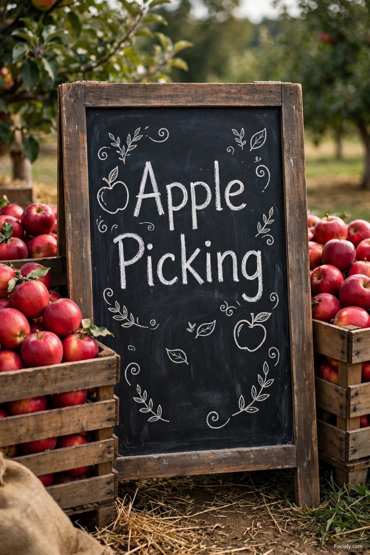 Apple Picking chalkboard sign with apple doodles at an orchard stand