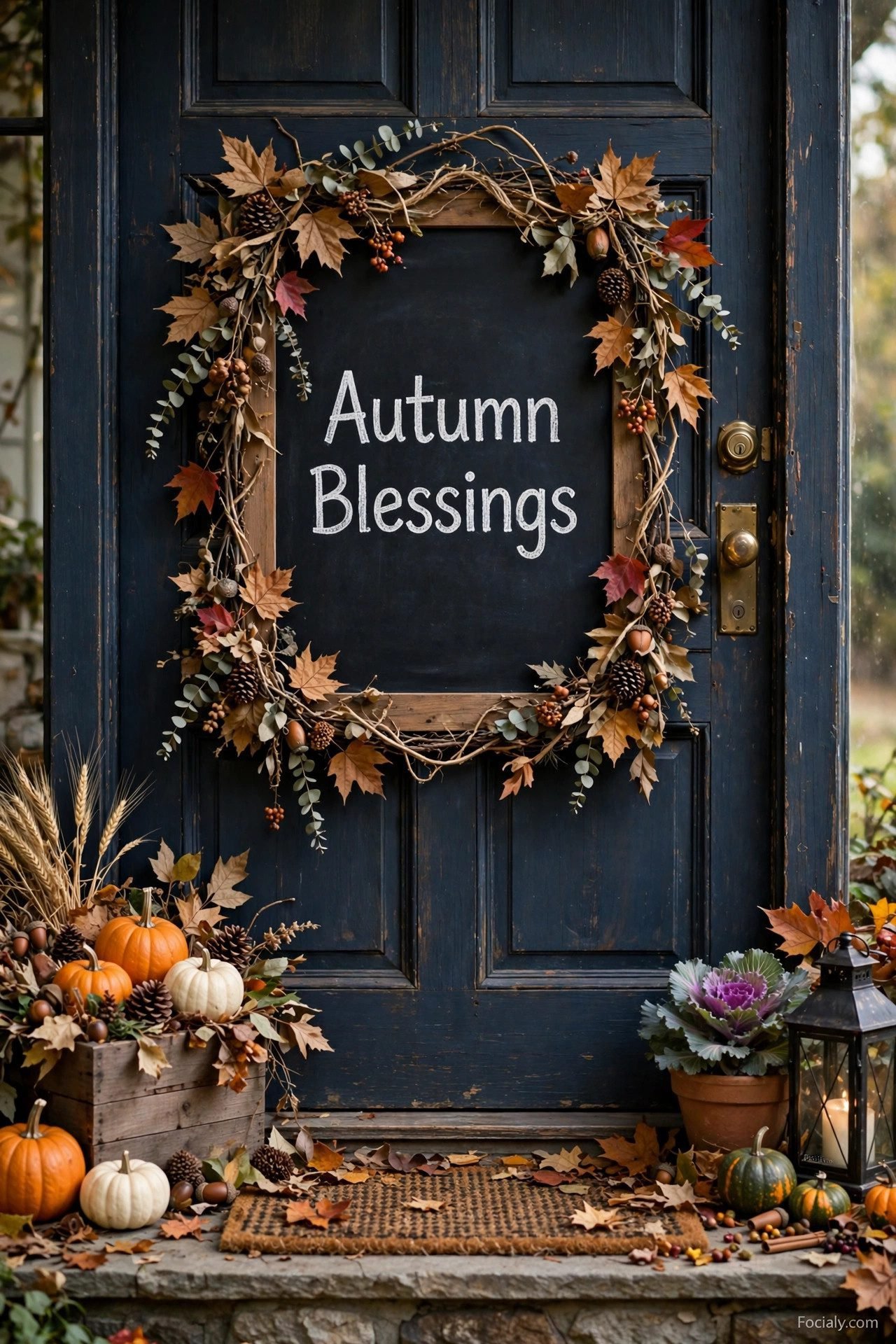 Autumn Blessings chalkboard framed with a dried fall leaf garland