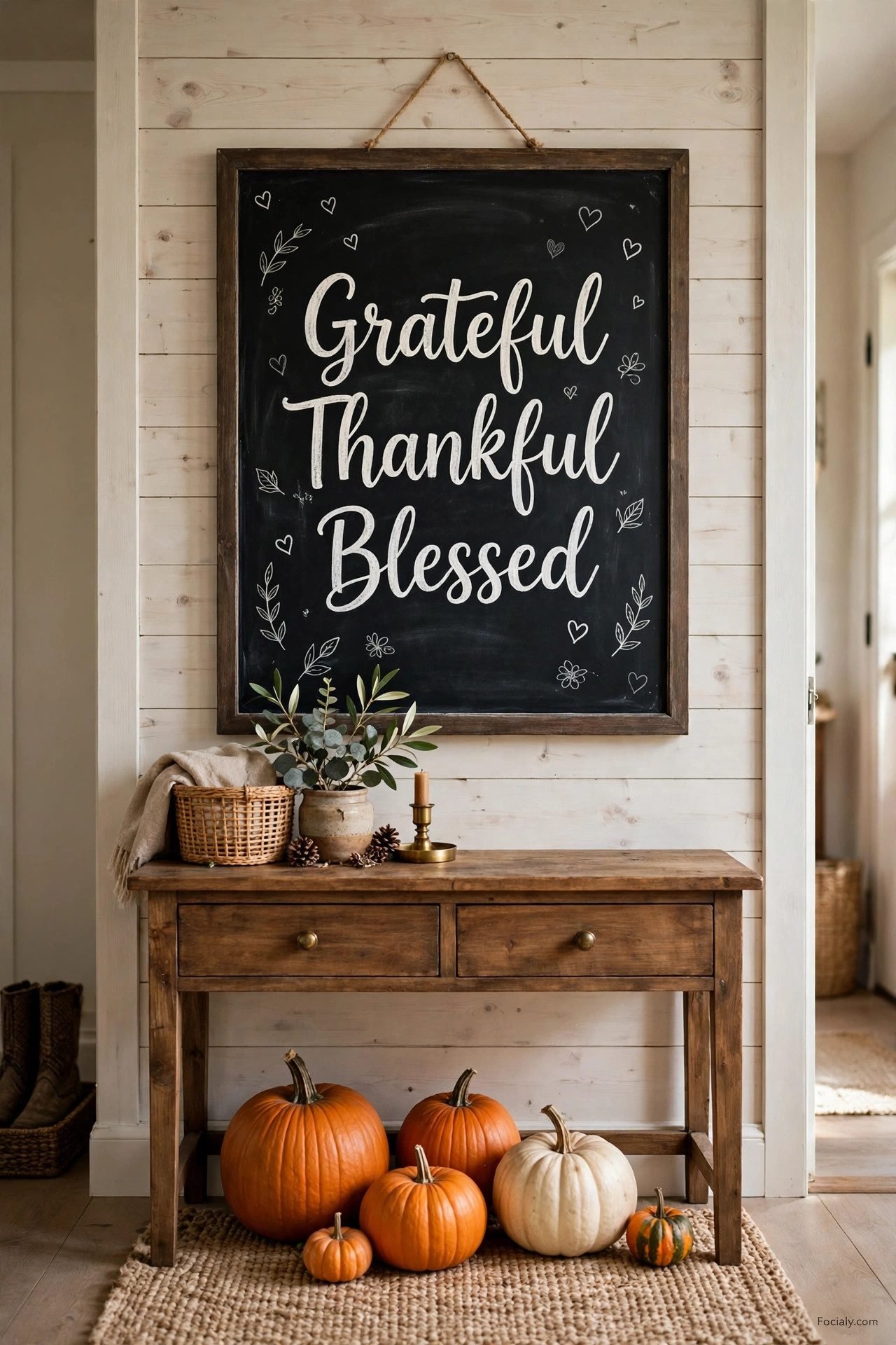 Grateful Thankful Blessed chalkboard in an entryway with pumpkins