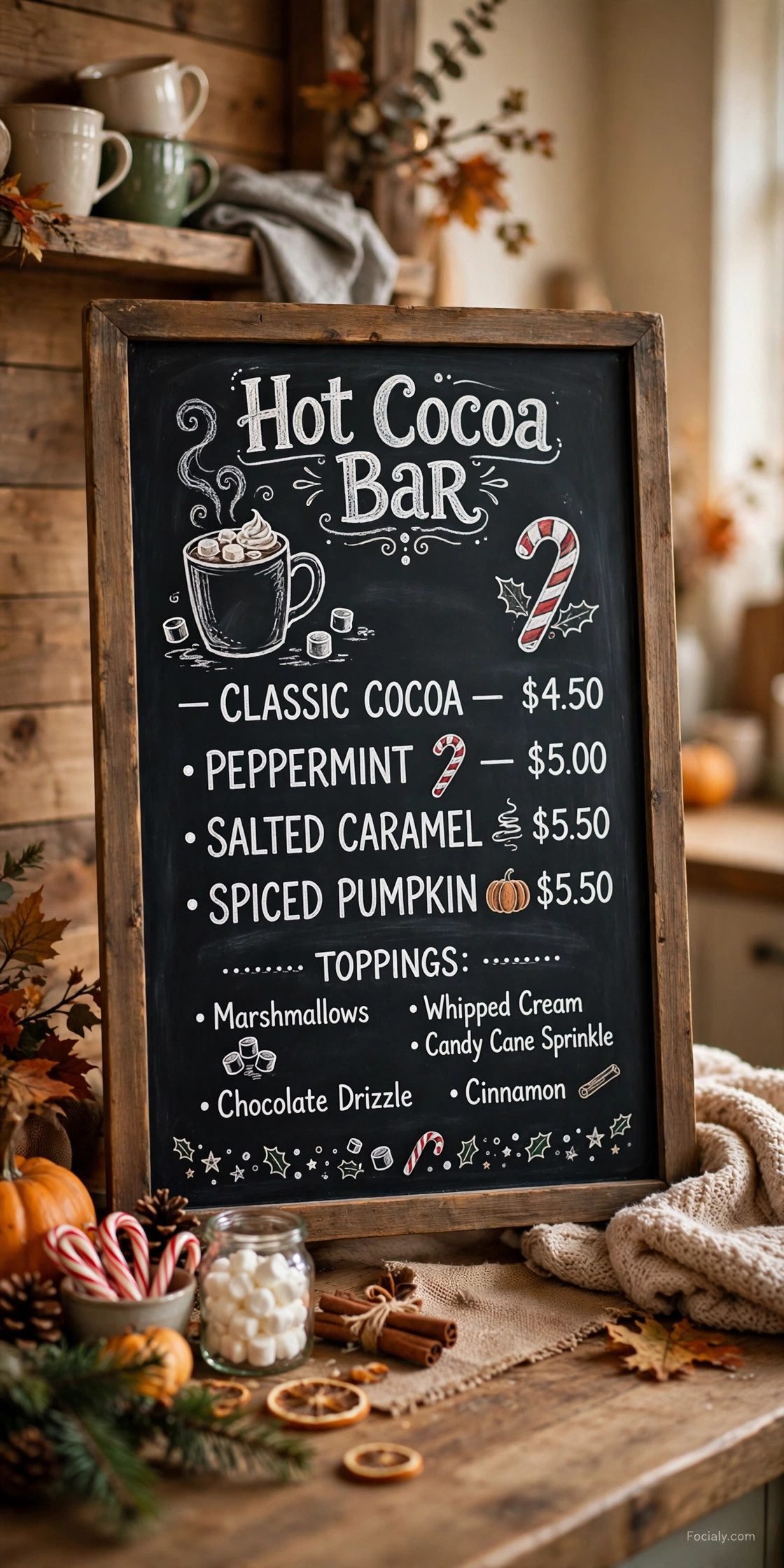 Hot Cocoa Bar chalkboard menu with mug and marshmallow doodles