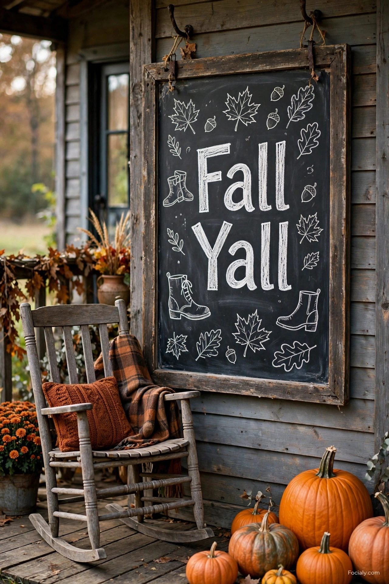 Fall Yall rustic chalkboard sign on a front porch