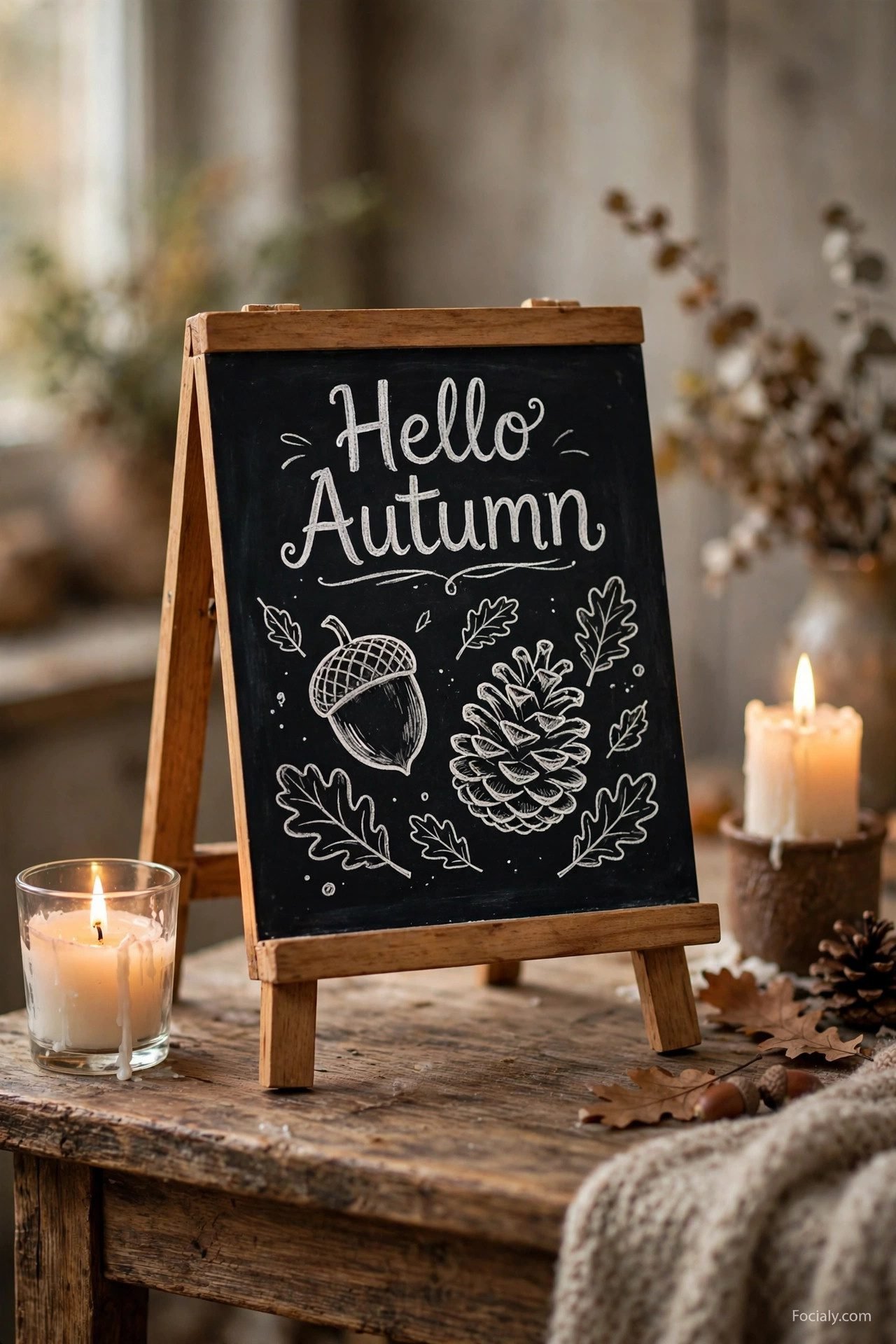 Small tabletop chalkboard easel with acorn and pinecone doodles
