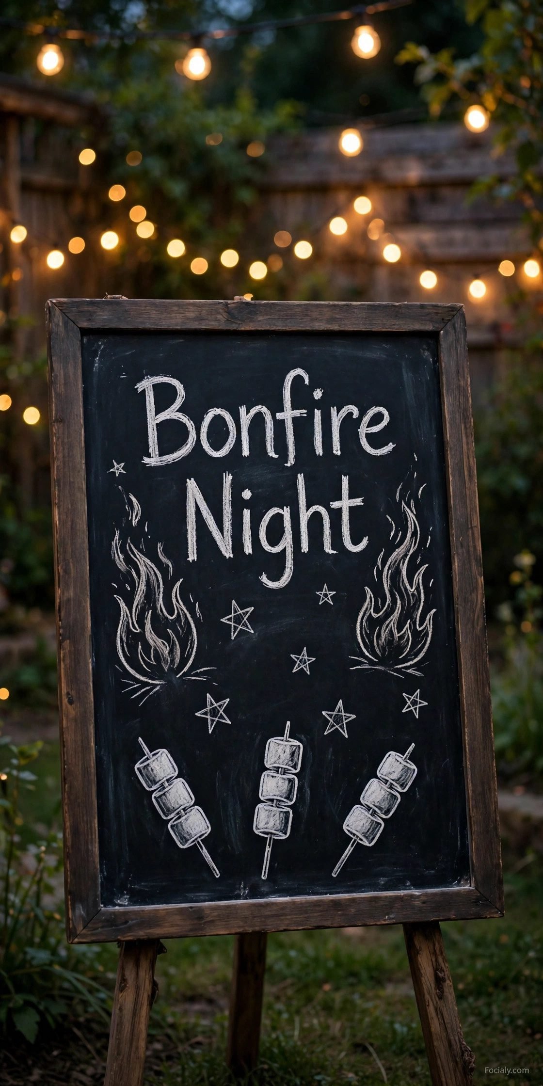 Bonfire Night chalkboard sign with flame and star doodles in a backyard