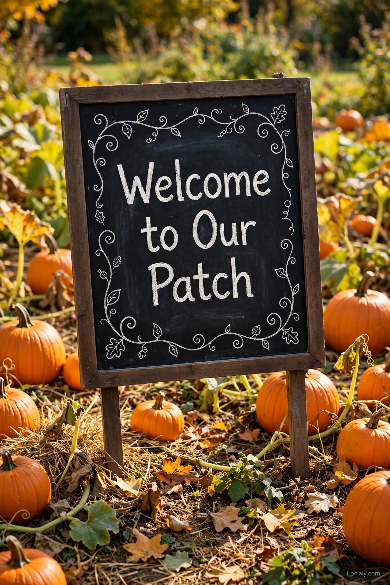 Welcome to Our Patch chalkboard garden stake among pumpkins