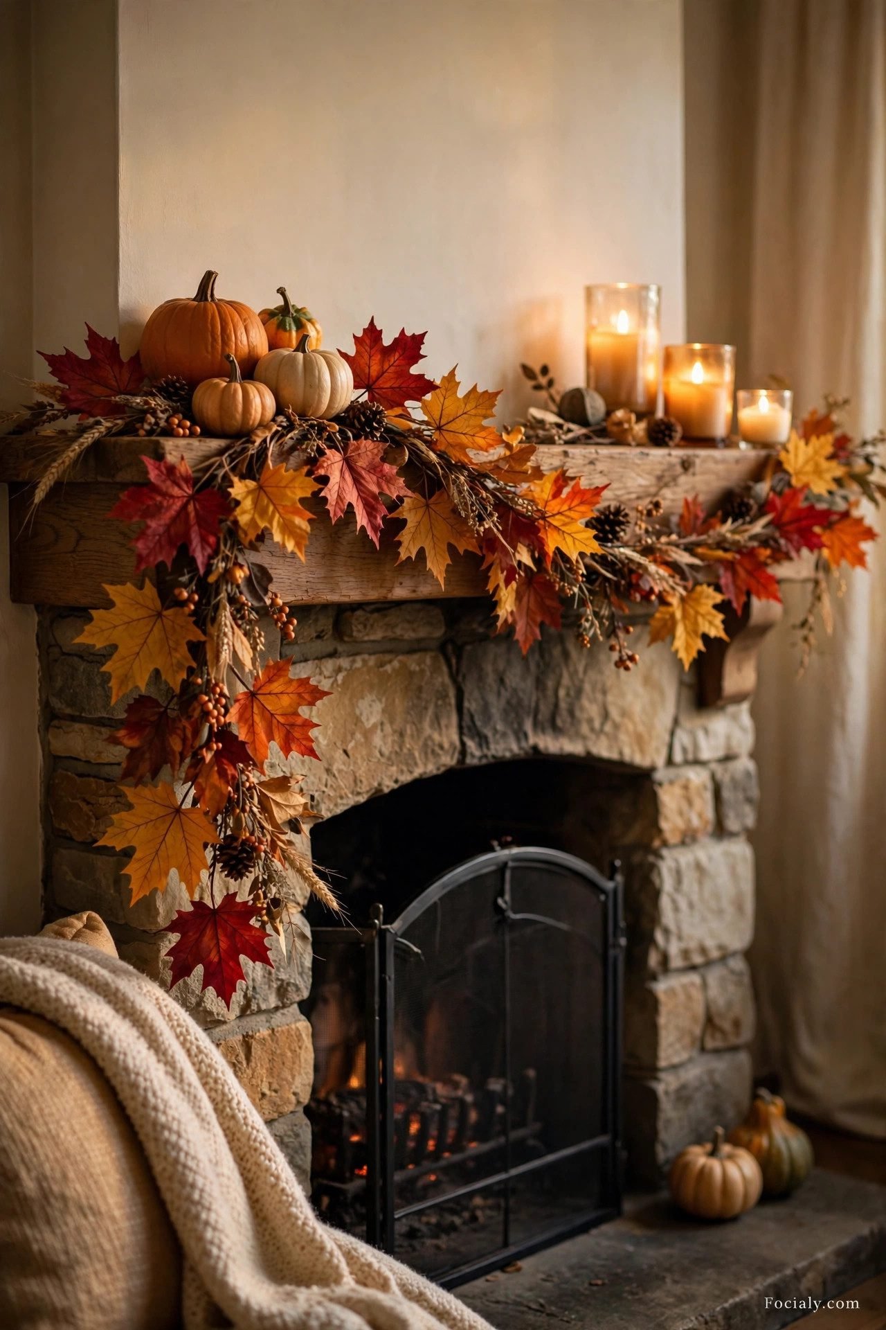 Classic maple leaf fall garland on a fireplace mantel with pumpkins and candles