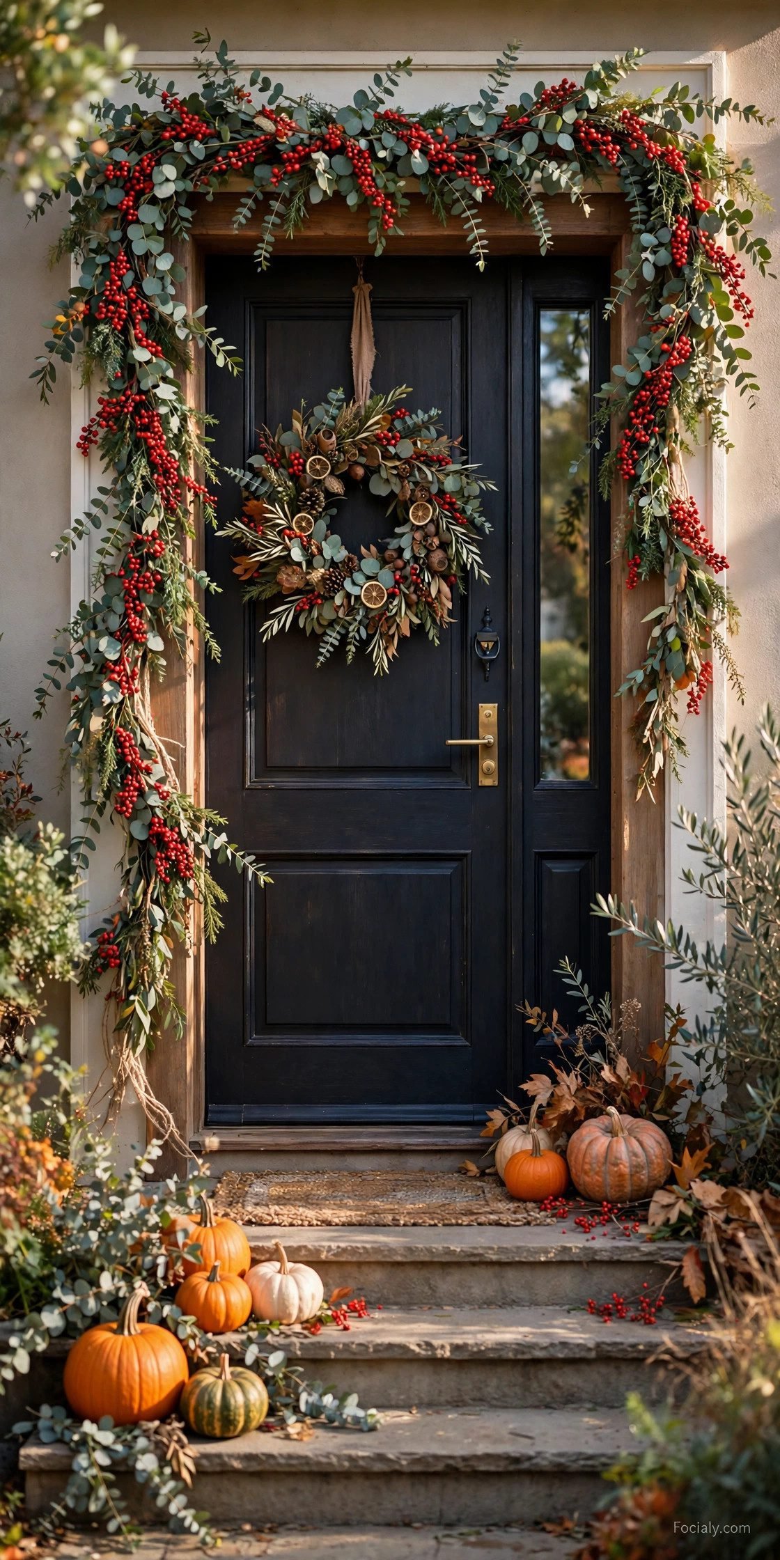 Eucalyptus and berry fall garland framing a front doorway