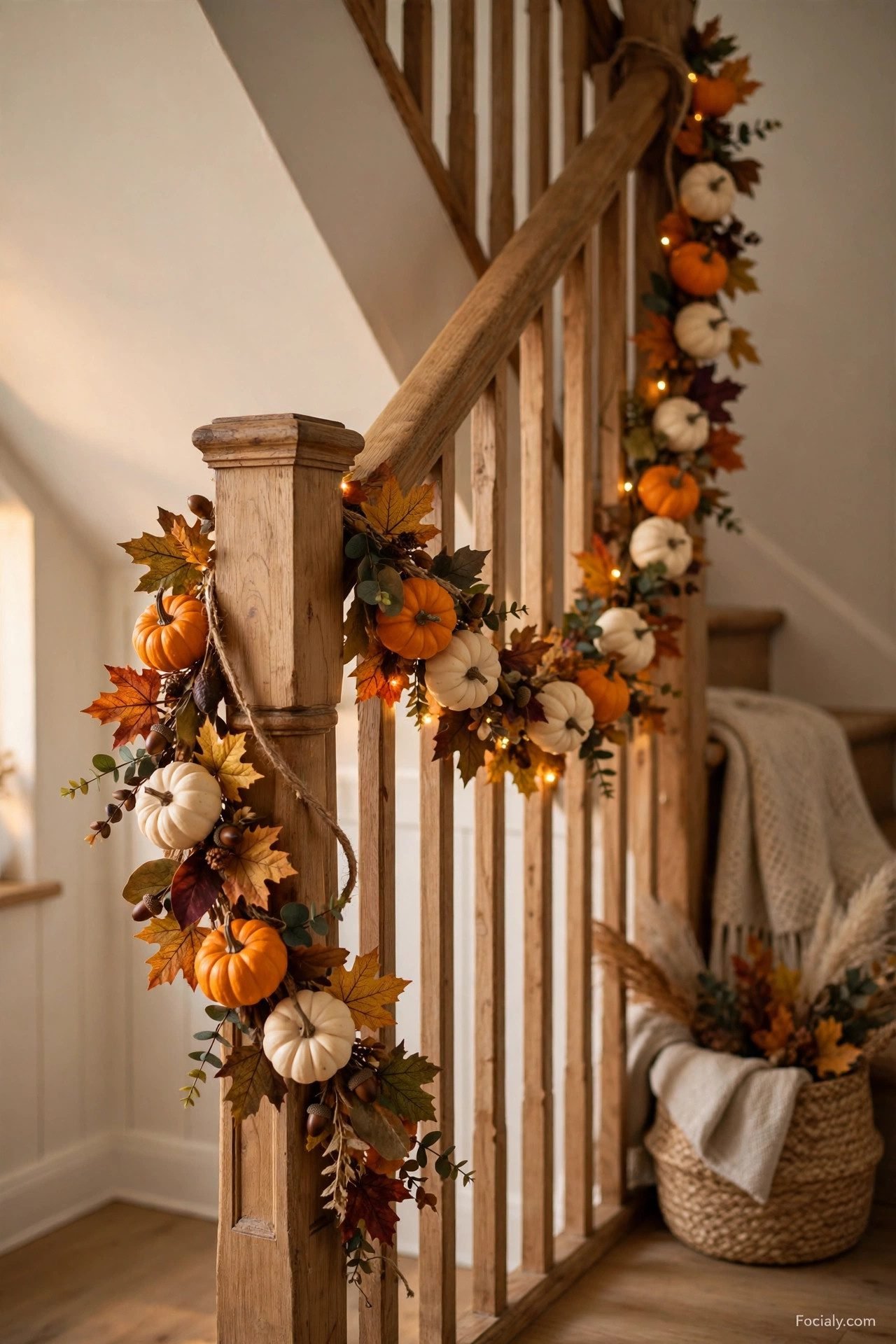 Mini pumpkin fall garland strung along a staircase banister