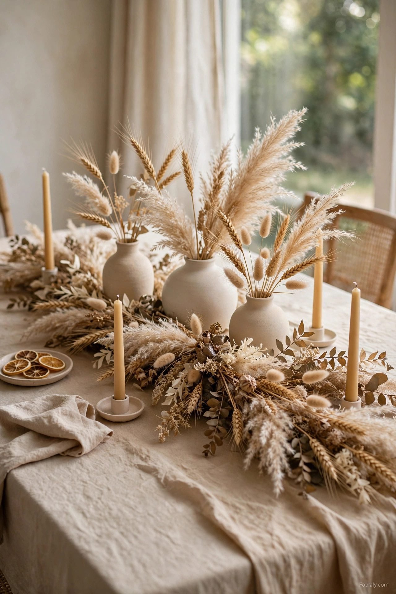 Dried wheat and pampas fall garland as a dining table centerpiece