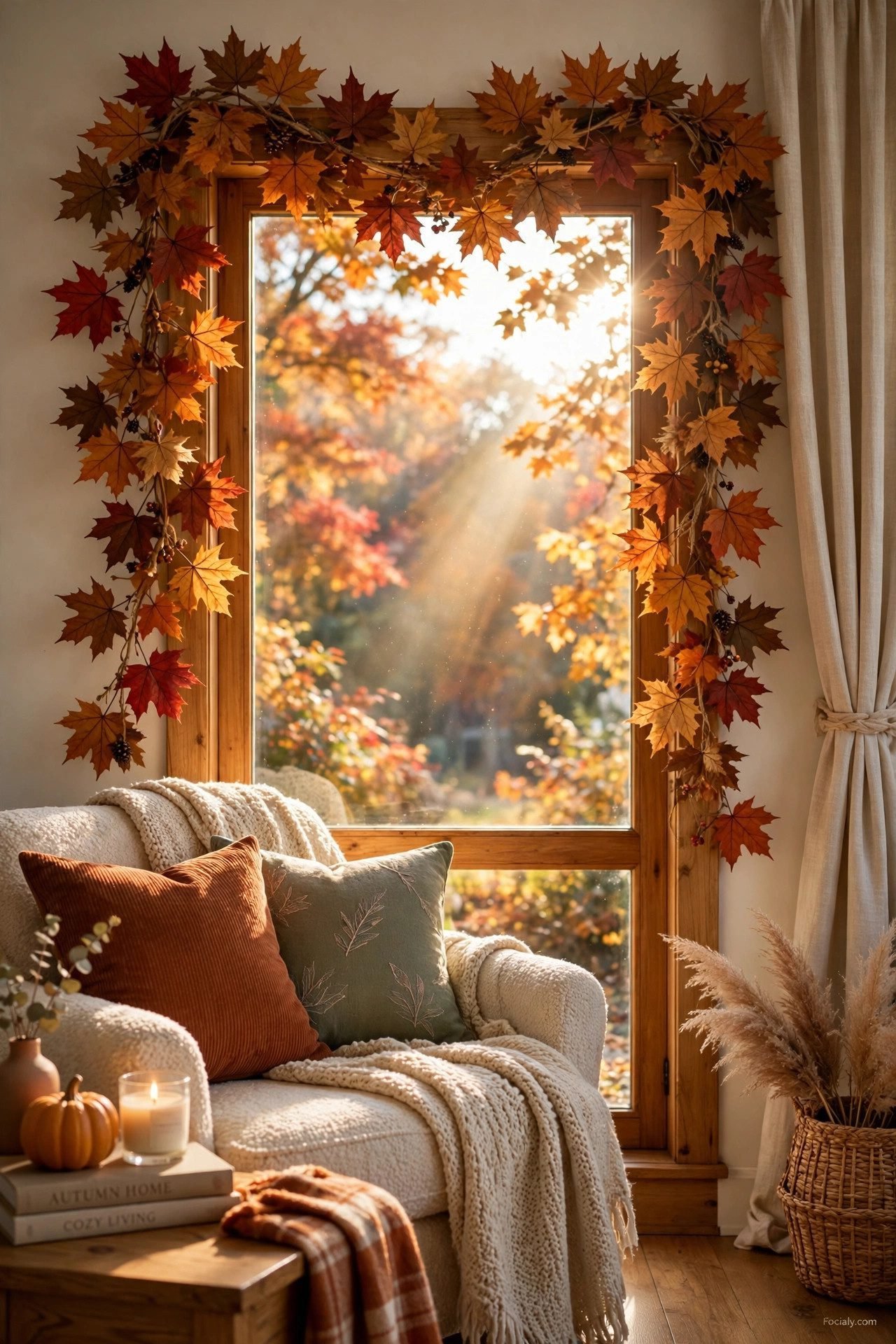 Maple leaf fall garland draped around a living room window