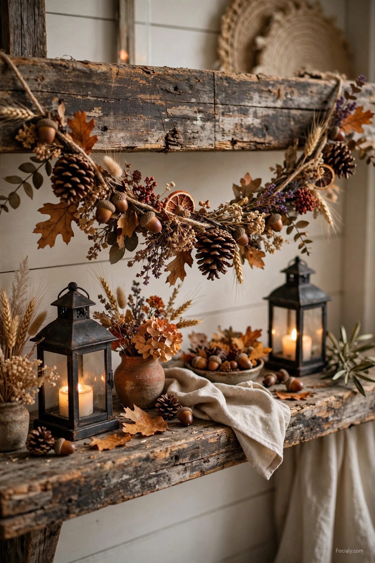 Pinecone and acorn fall garland on a rustic wooden shelf
