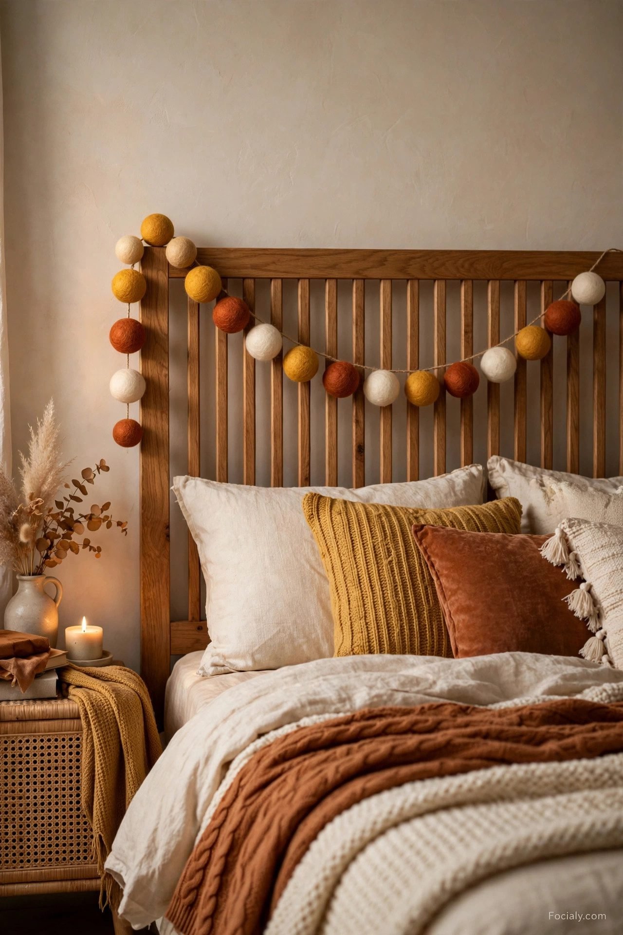 Felt ball fall garland in warm colors across a bedroom headboard