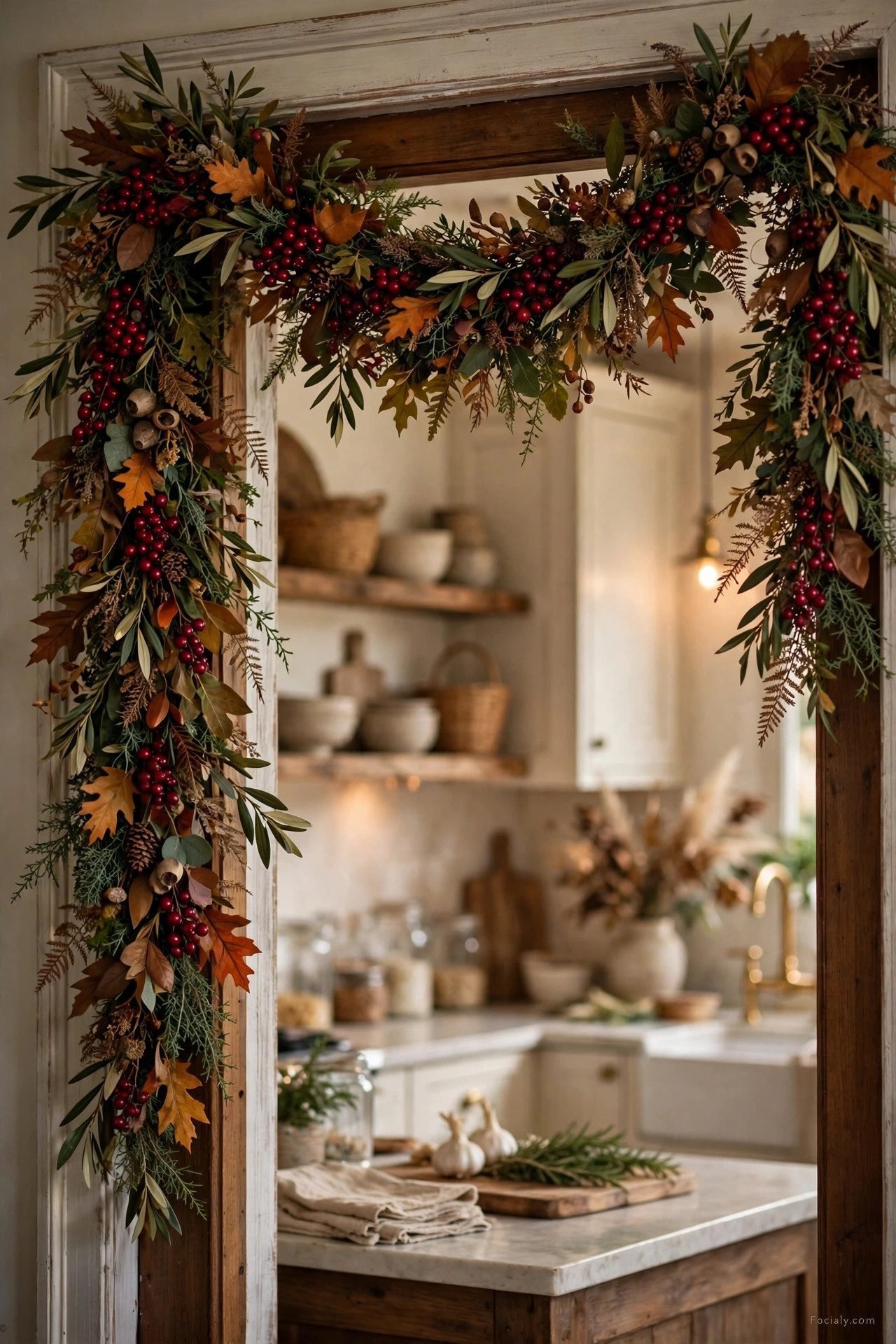 Berry branch fall garland swag over a kitchen doorway