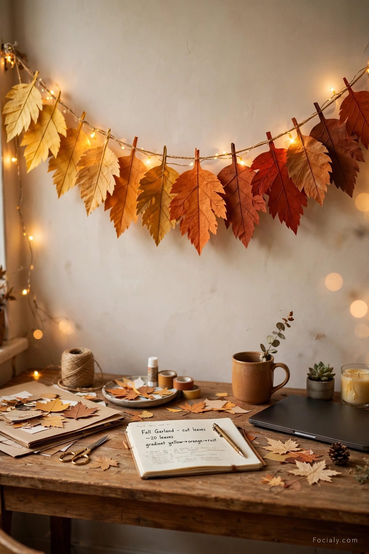 DIY paper leaf fall garland across a home office wall