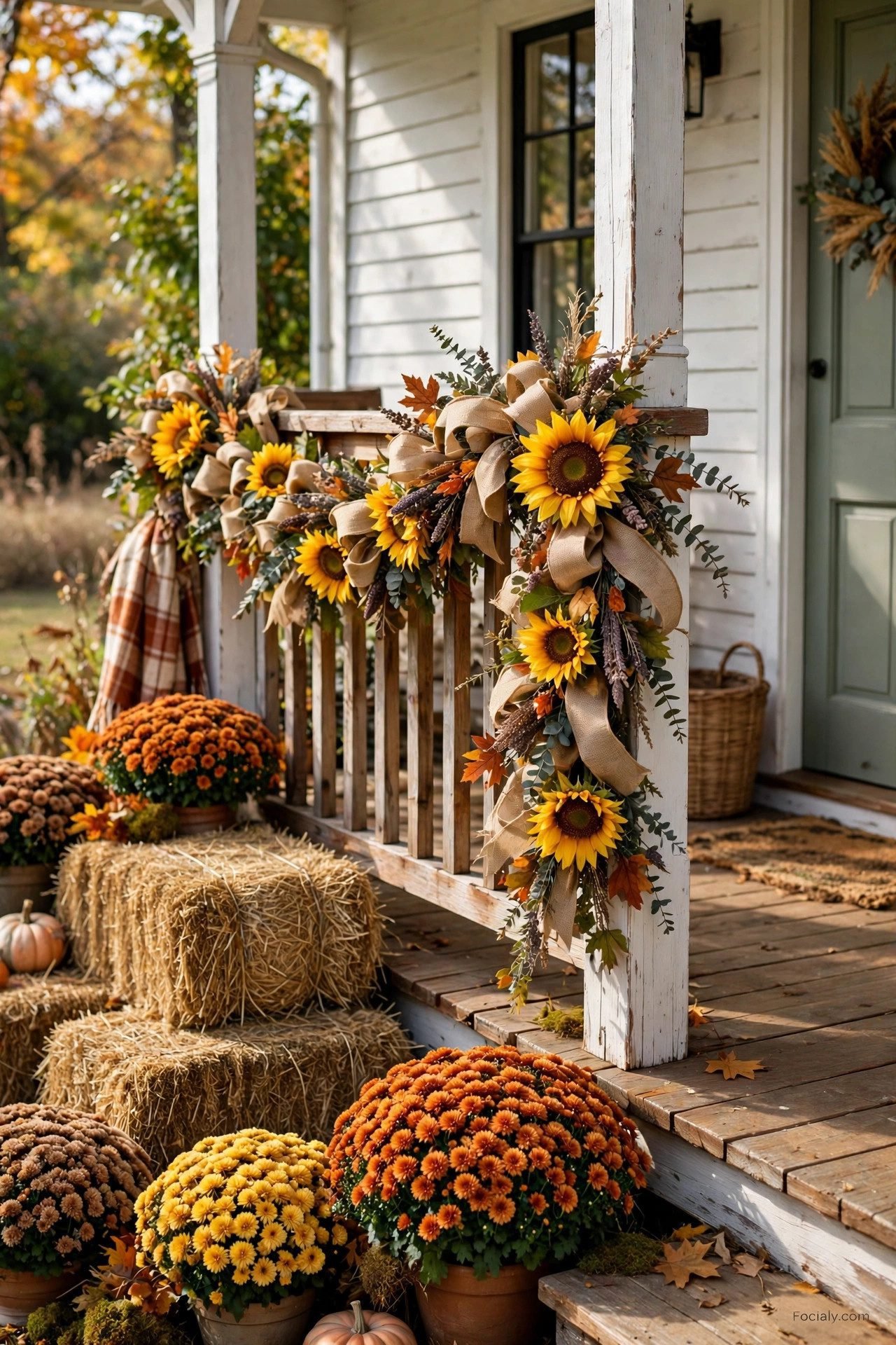 Sunflower and burlap fall garland on a front porch railing