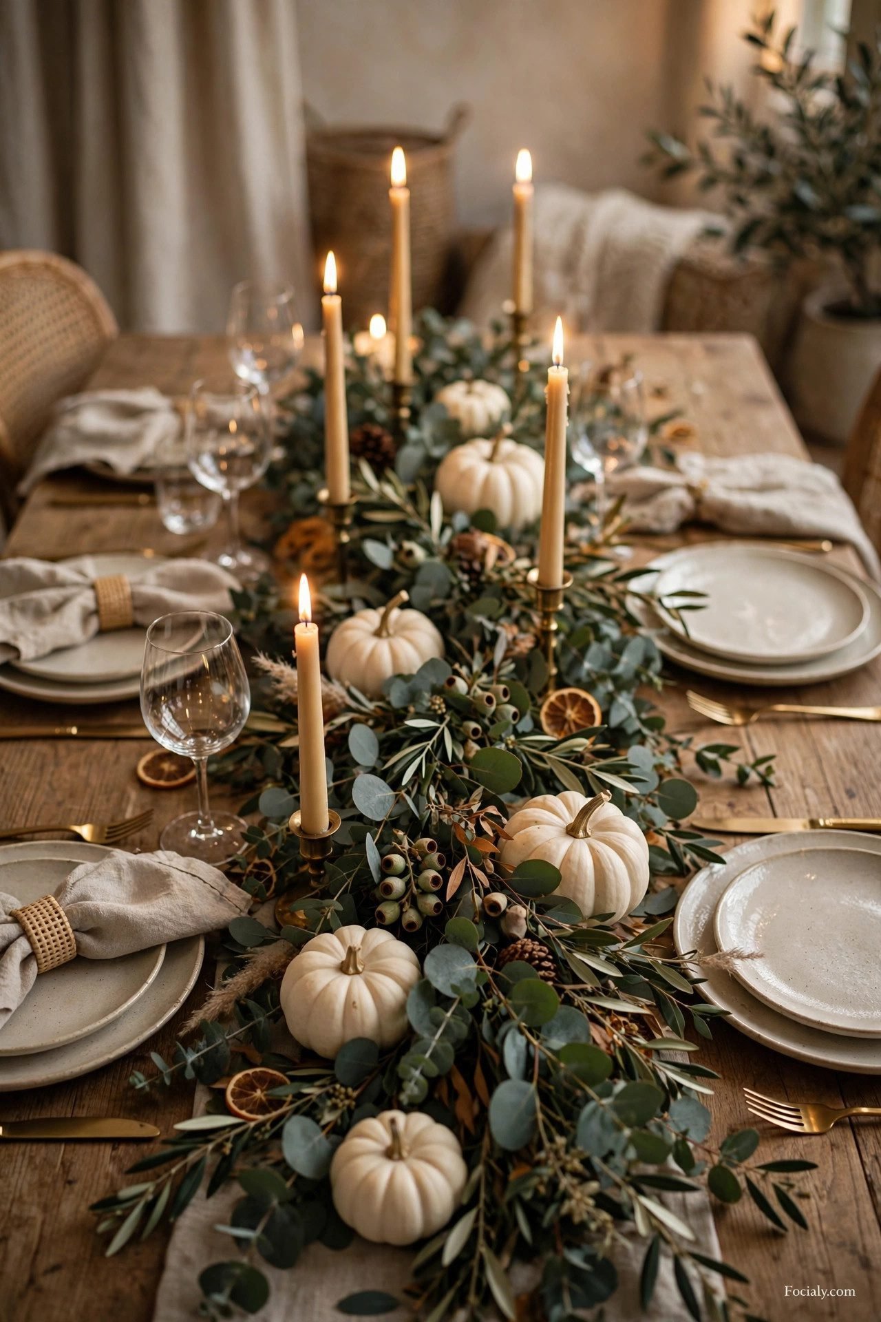 Eucalyptus fall garland table runner with candles for a dinner party