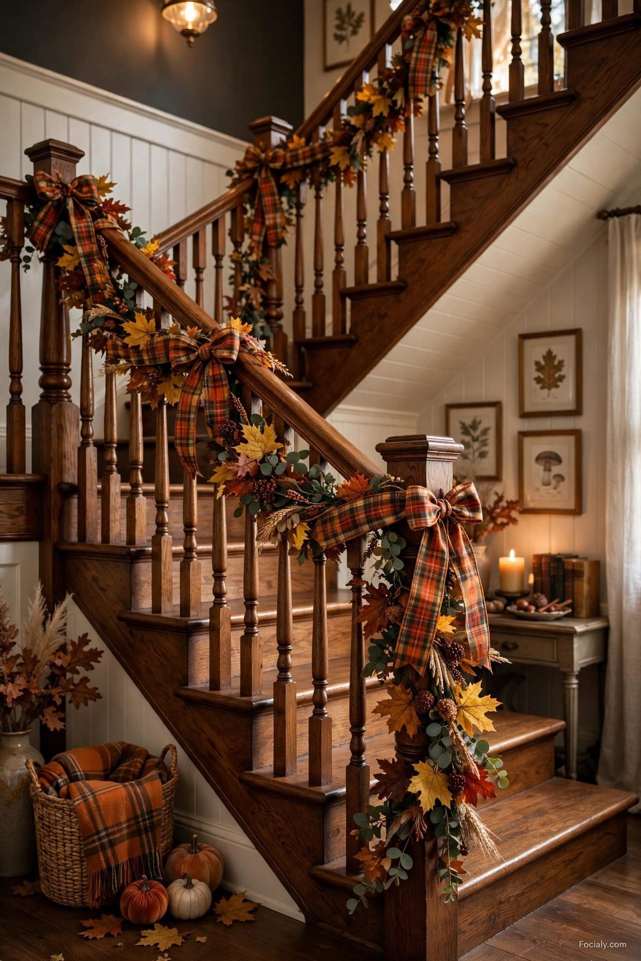 Plaid ribbon and leaf fall garland wrapped around a staircase