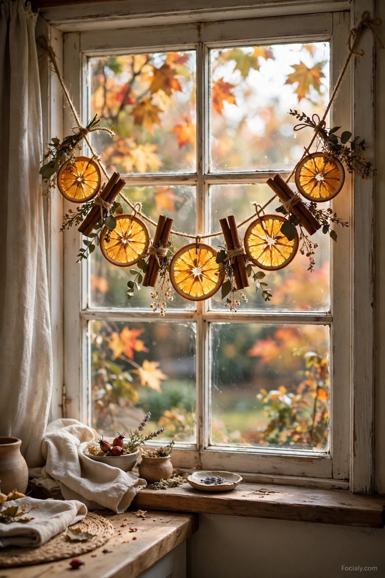 Dried orange slice and cinnamon fall garland in a kitchen window