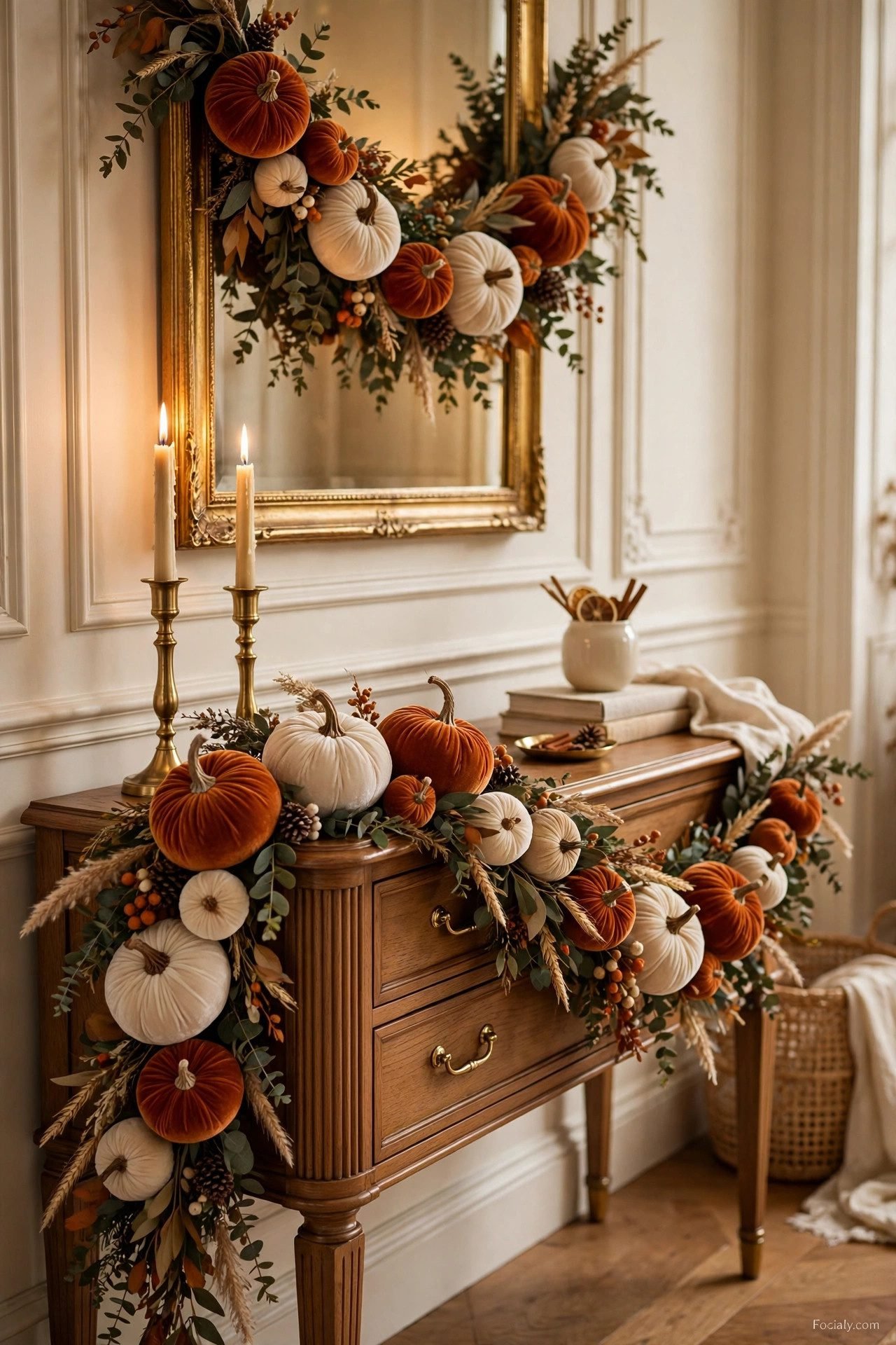Velvet pumpkin fall garland on an elegant console table