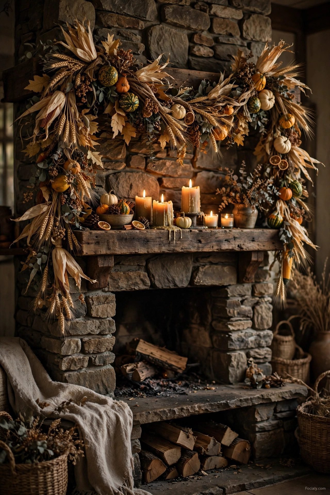 Harvest corn and gourd fall garland over a stone fireplace