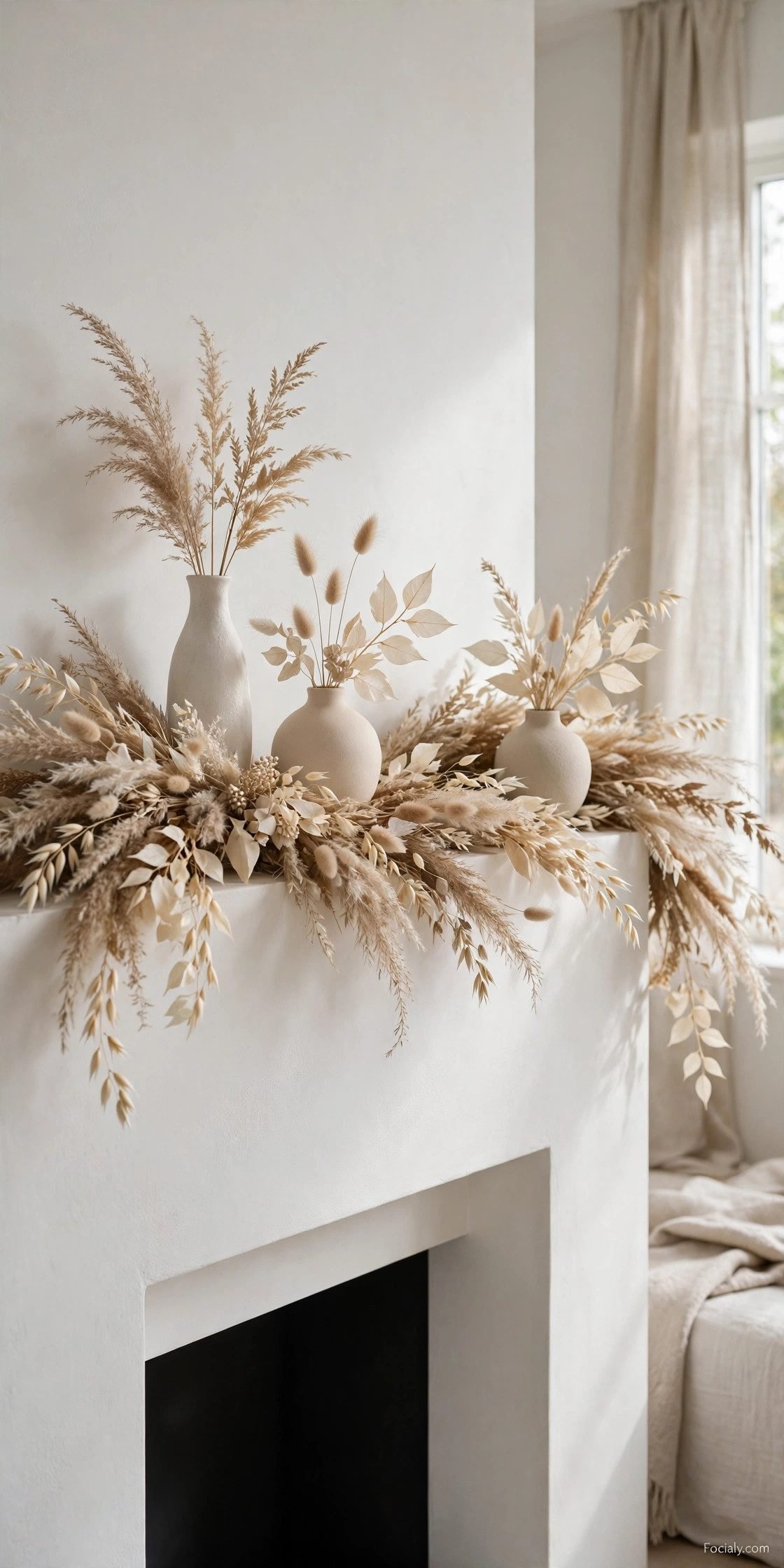 Minimalist neutral fall garland on a modern white mantel