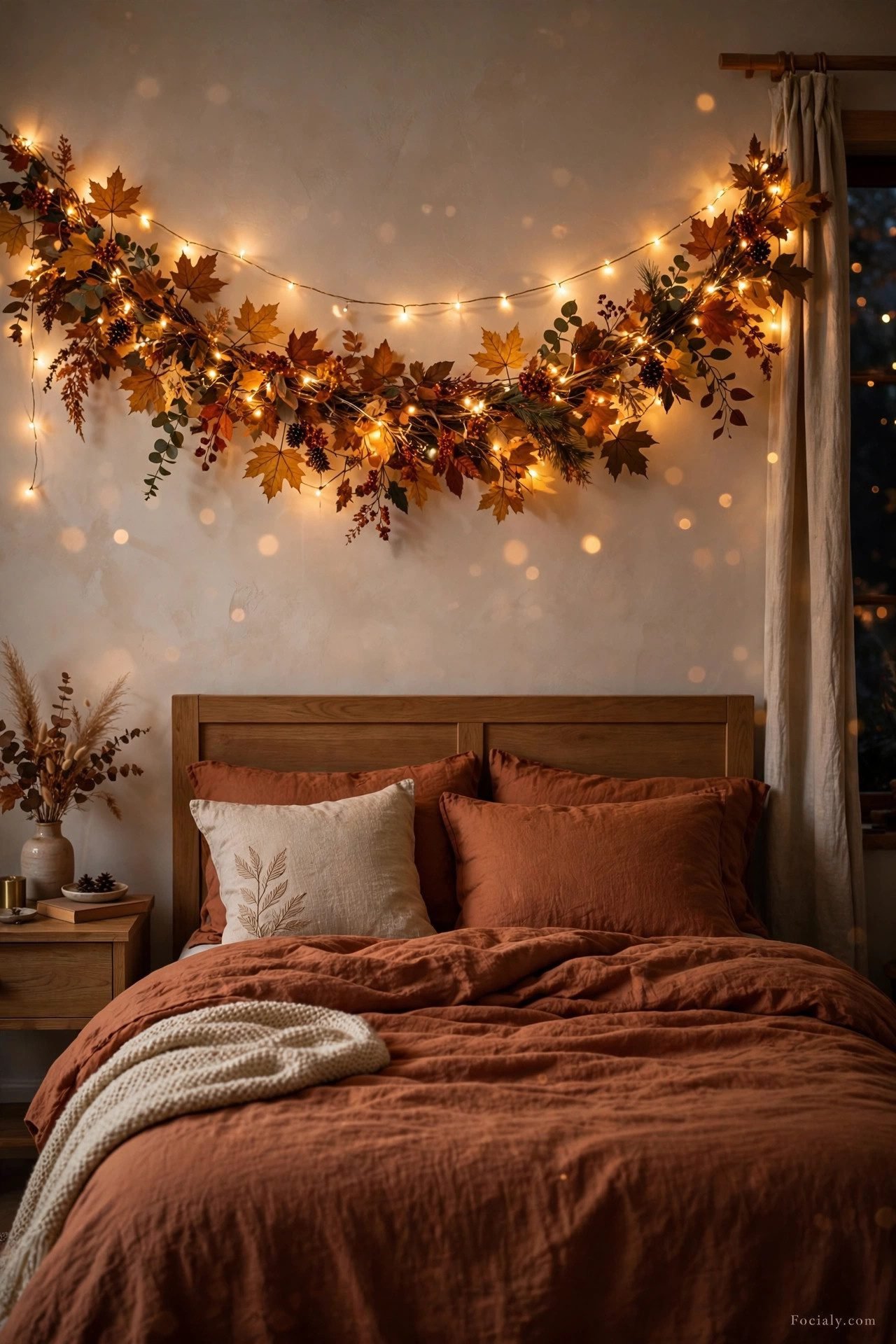 Autumn leaf fall garland with fairy lights across a bedroom wall