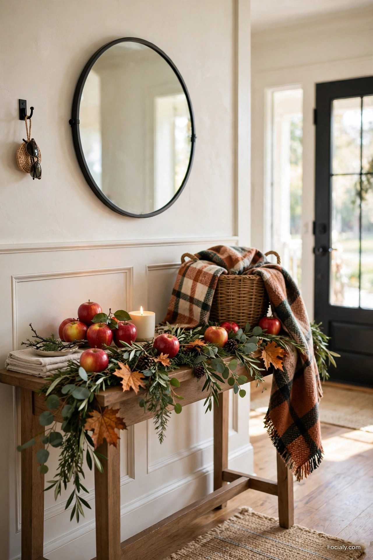 Apple and greenery fall garland on an entryway table