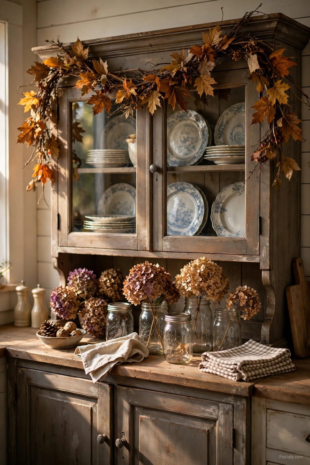Rustic twig and leaf fall garland on a farmhouse dining hutch