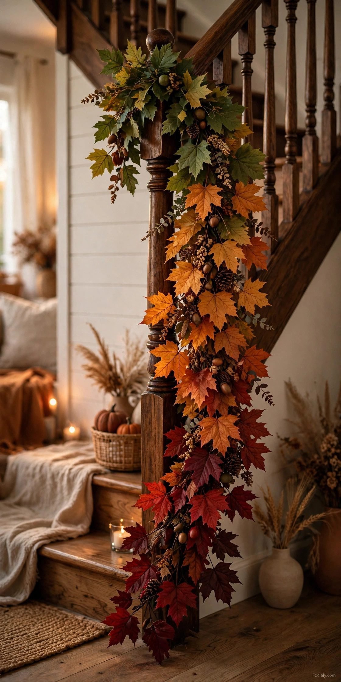 Ombre fall leaf garland fading from green to red on a staircase
