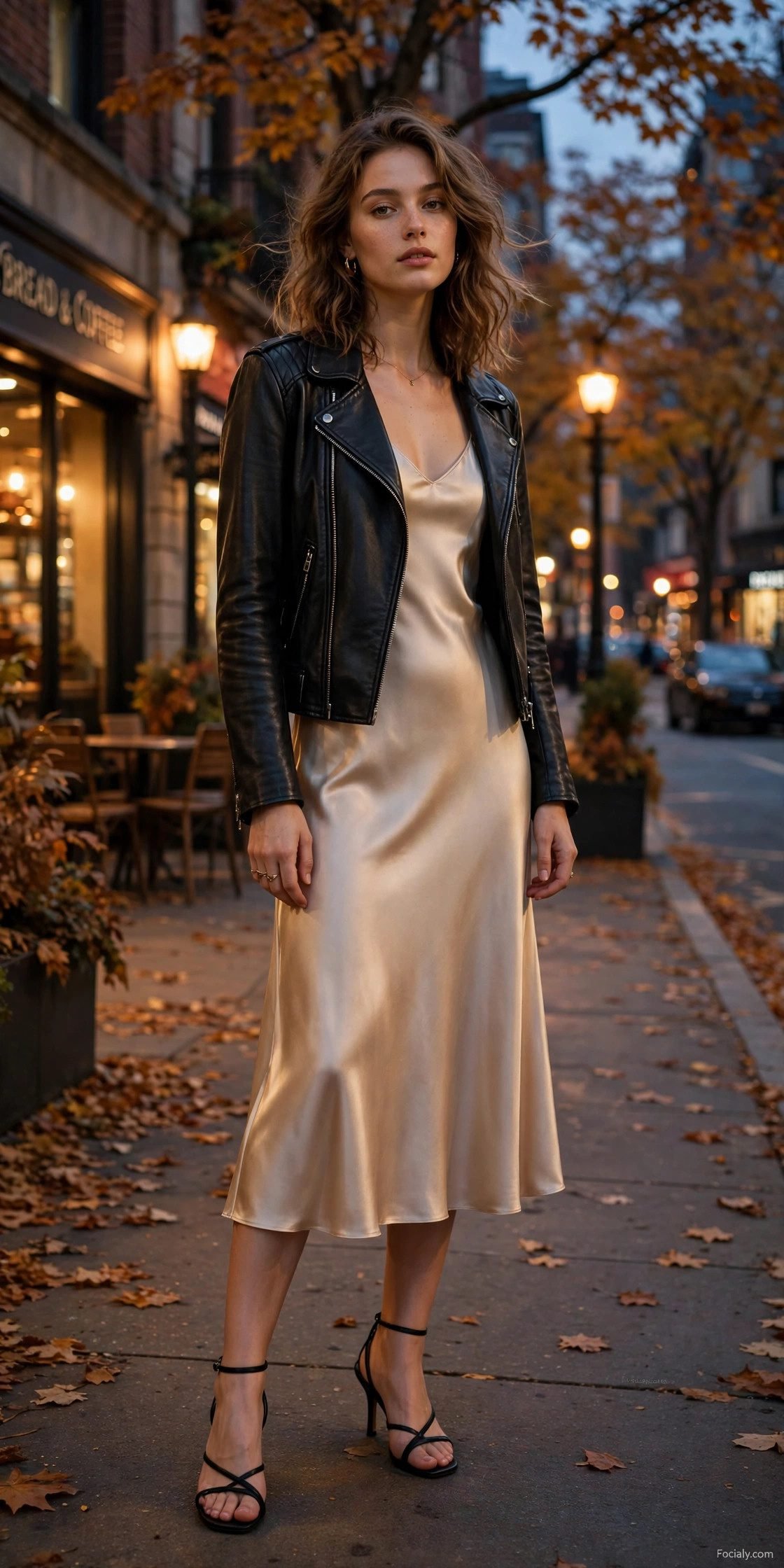 Woman wearing a satin slip dress with a leather jacket for a fall night out
