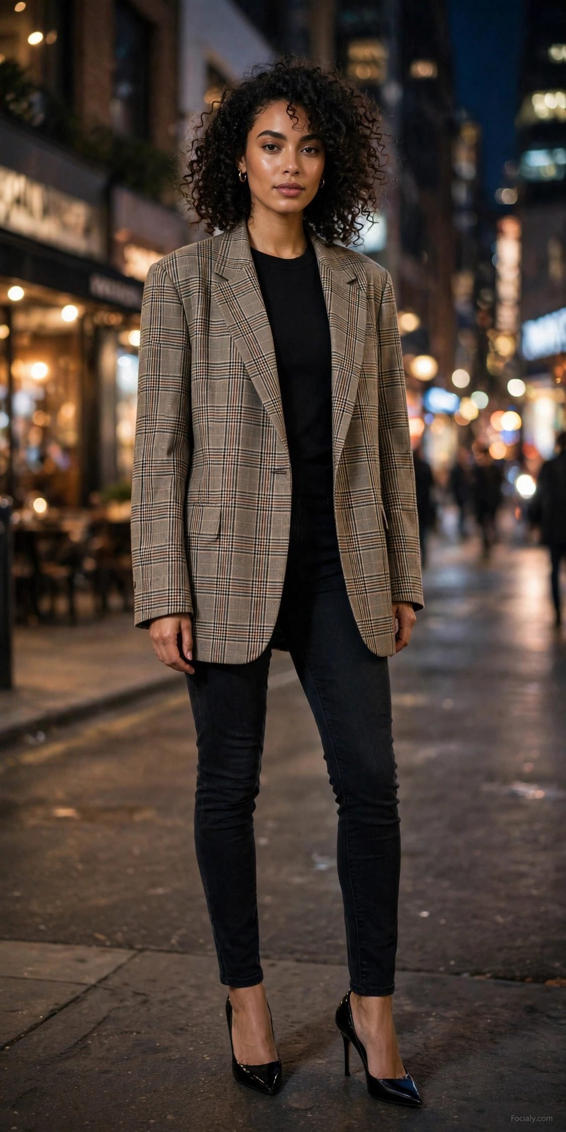 Woman wearing a plaid blazer with dark jeans and heels at night