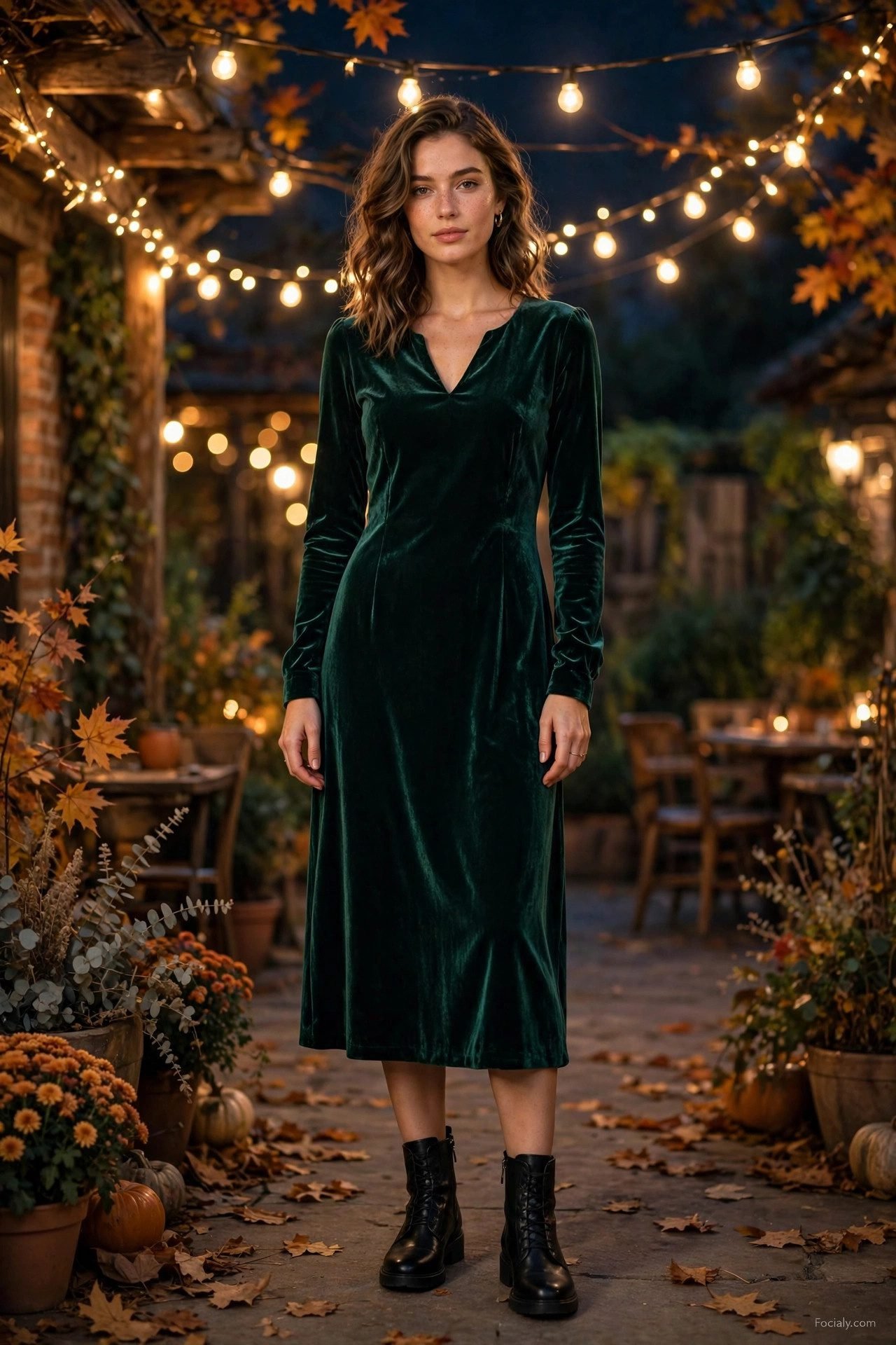 Woman in a velvet midi dress for a fall evening out