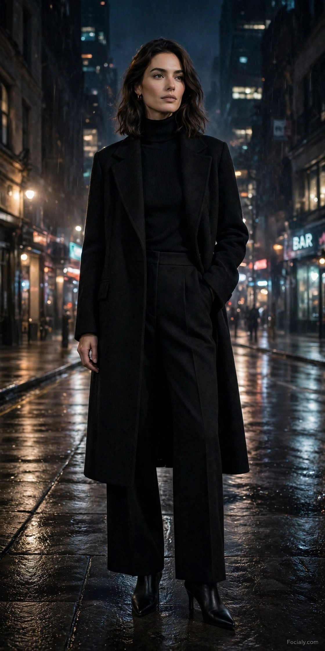 Woman wearing an all-black monochrome outfit for a night out