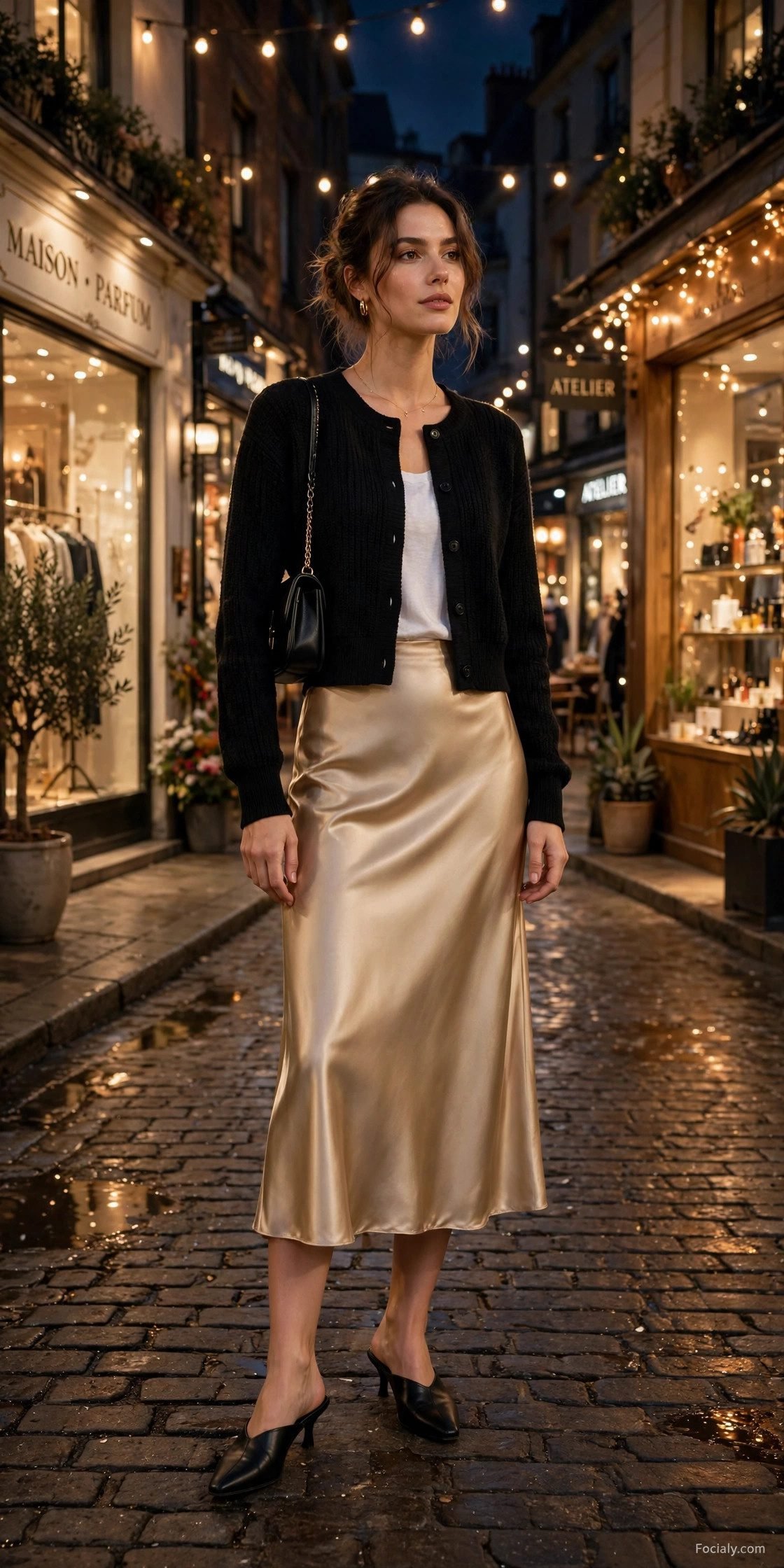 Woman wearing a satin midi skirt with a cropped cardigan at night