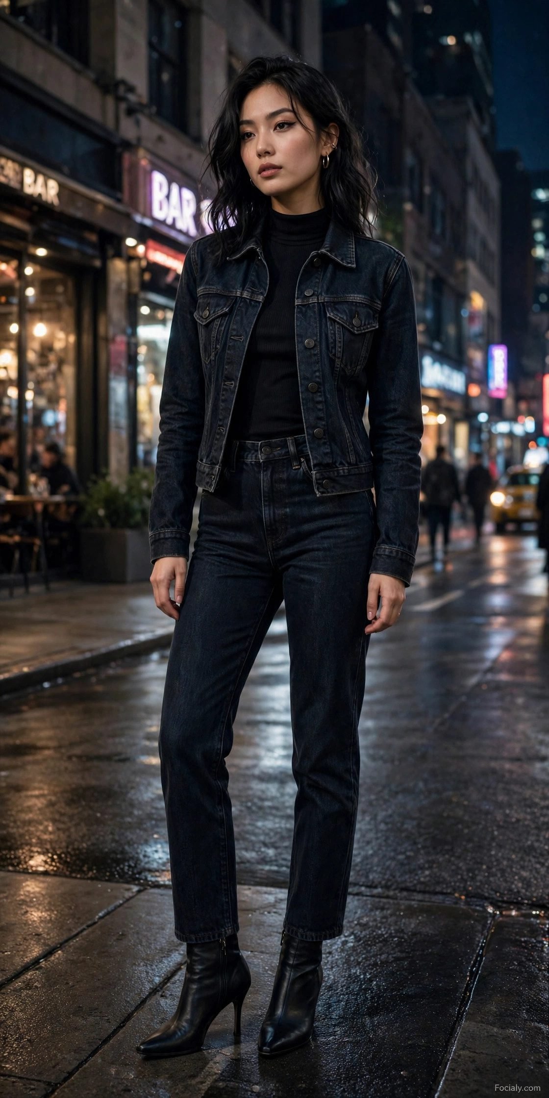 Woman in a dark denim on denim outfit for a fall night out