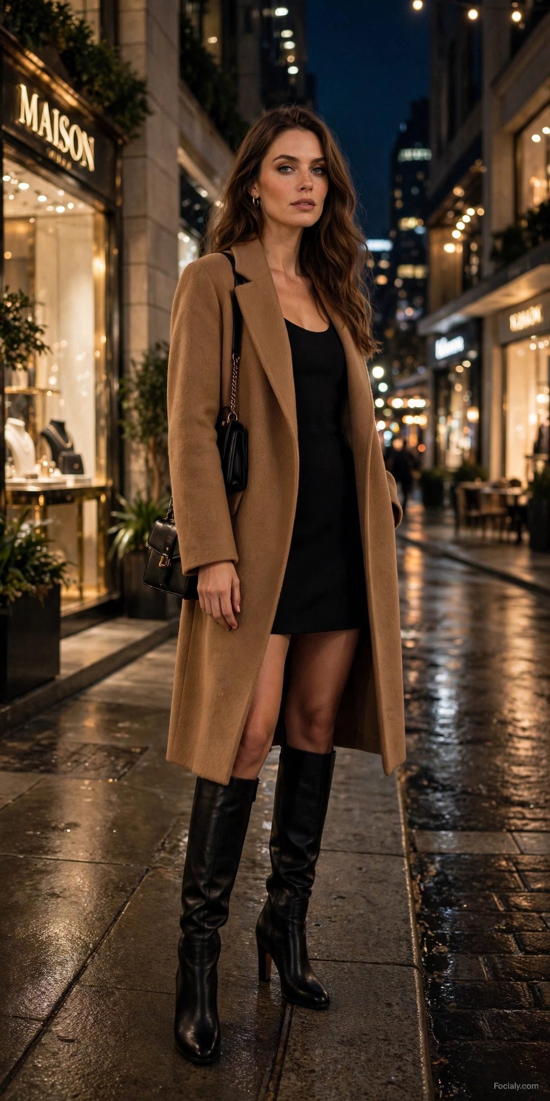 Woman in a camel coat over a black dress on a night out