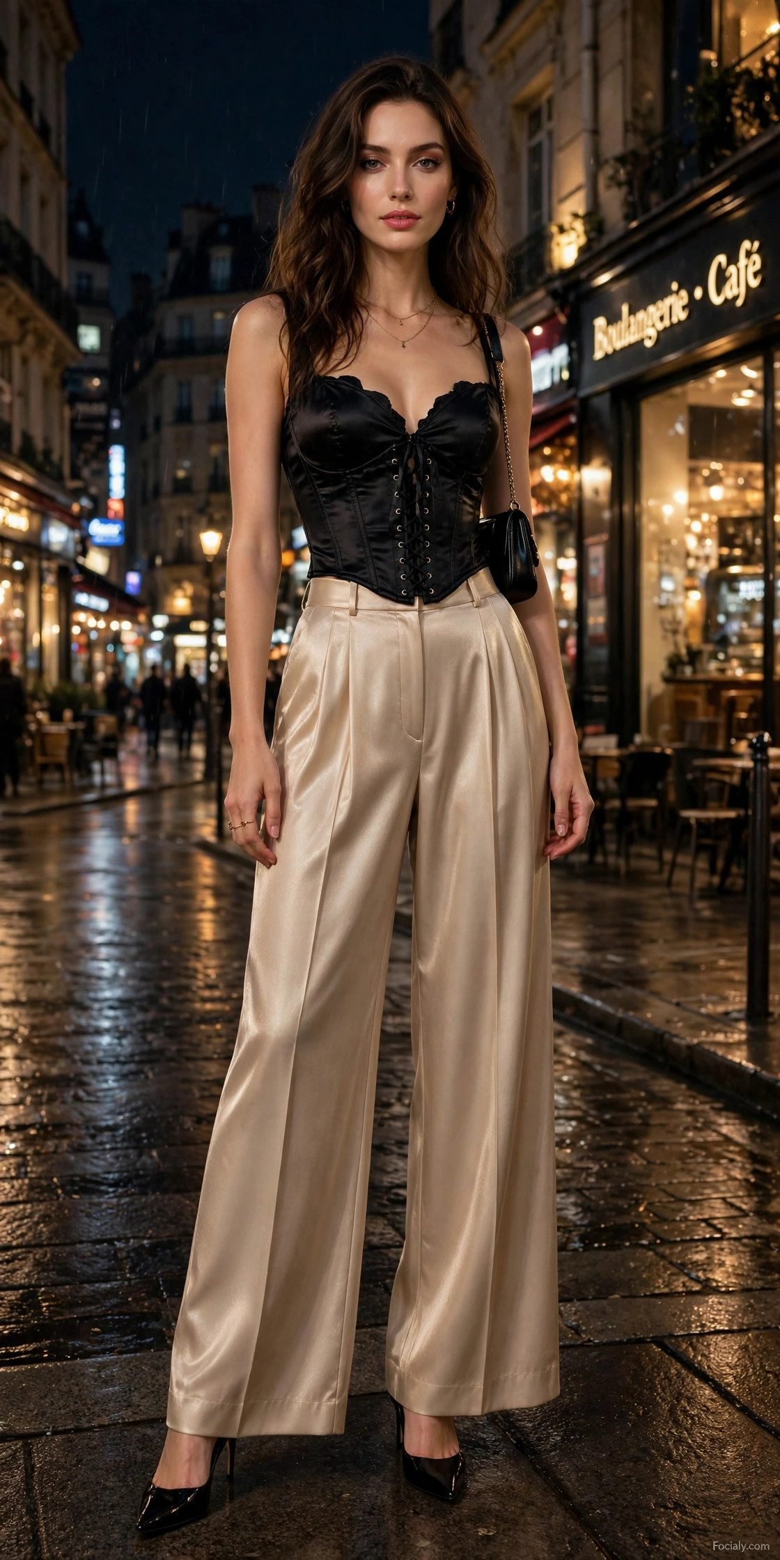 Woman wearing a corset top with wide-leg pants for a night out